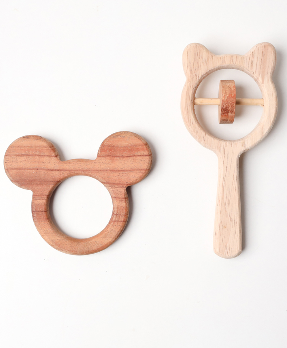Wooden Handmade Sensory Stimulating -  Mickey Mouse Teether & Bear Rattle For Born Babies (2 Piece)-image-29