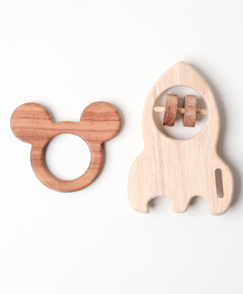 Wooden Handmade Sensory Stimulating -  Mickey Mouse Teether & Rocket Rattle For Born Babies (2 Piece)-image-5