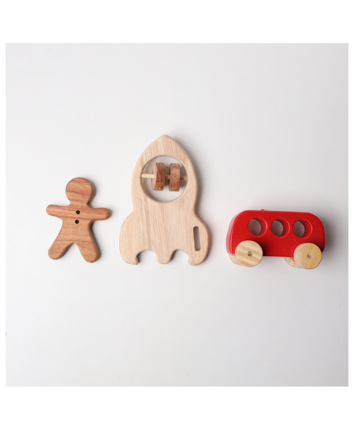 New Born Gift Set - Wooden Human Teether, Rocket Rattle and  Racing Red - BUS Push Toy (3 Pieces)-image-42