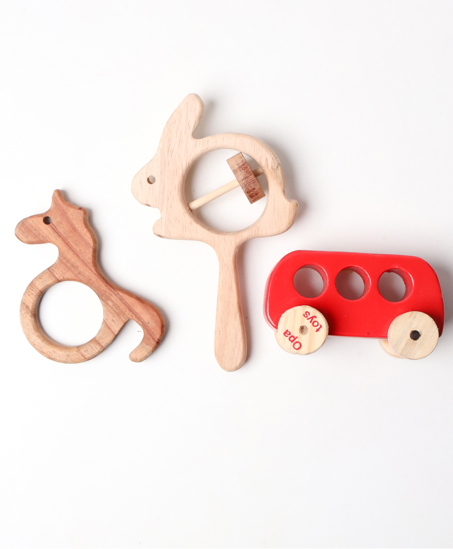 New Born Gift Set - Wooden Unicorn Teether, Rabbit Rattle and  Racing Red - BUS Push Toy(3 Pieces)-image-40