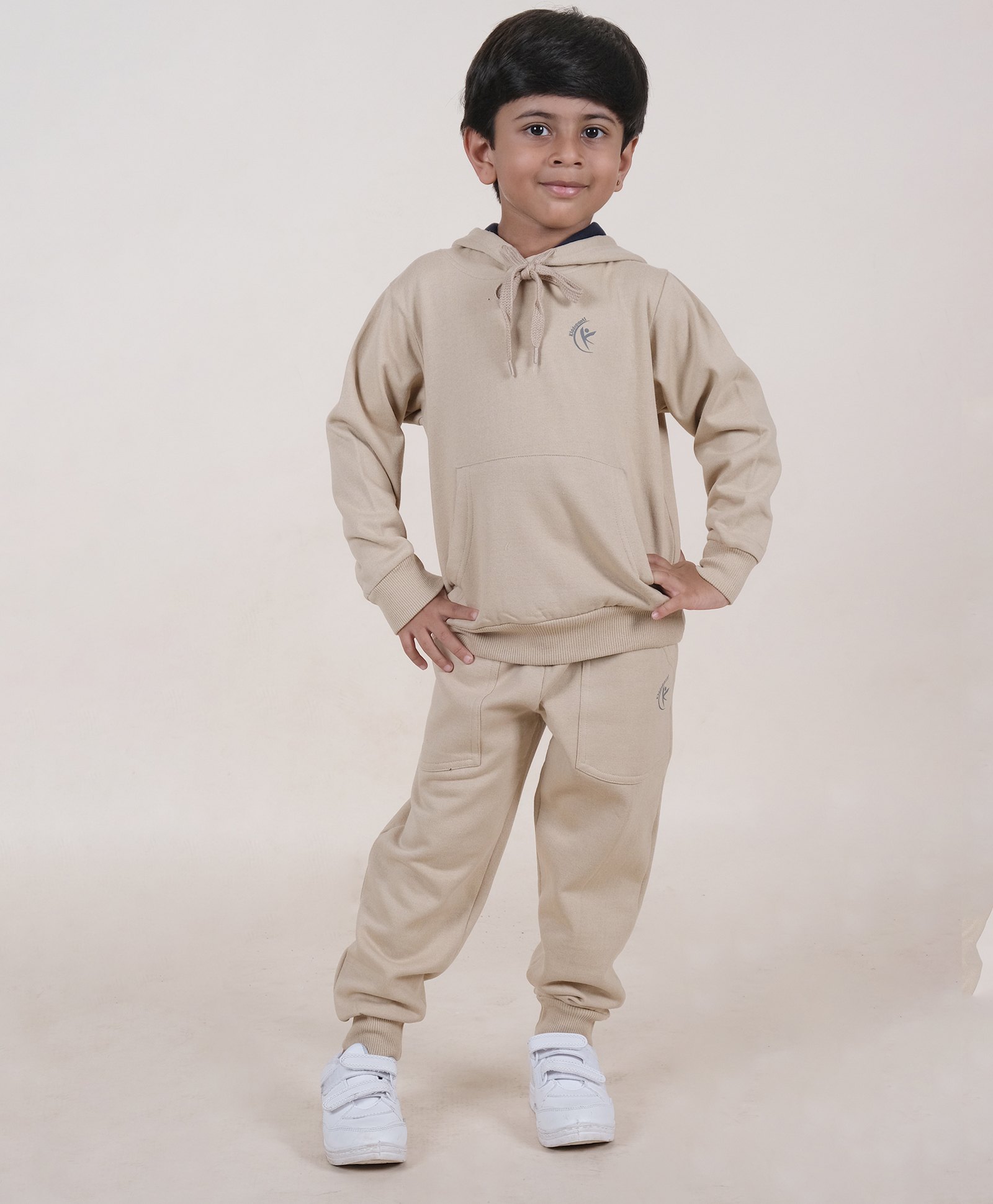 Kiddopanti Fleece Full Sleeves Brand Logo Printed Hooded Sweatshirt With Coordinating Joggers - Beige-image-49