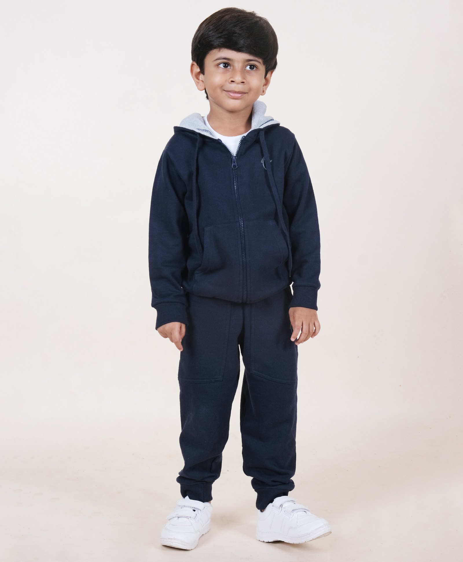 Kiddopanti Fleece Full Sleeves Brand Logo Printed Hooded Sweatshirt With Coordinating Joggers - Navy Blue-picture-26