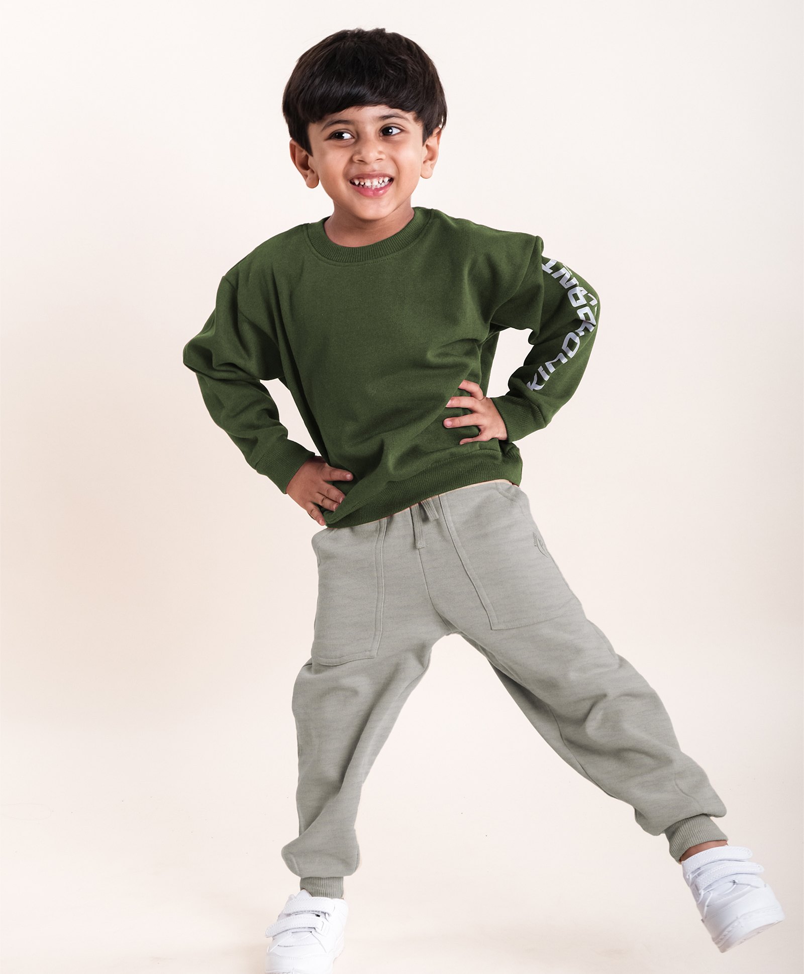 Kiddopanti Fleece Full Sleeves Brand Name Printed Hooded Sweatshirt With Solid Joggers Set - Military Green & Grey Melange-picture-39