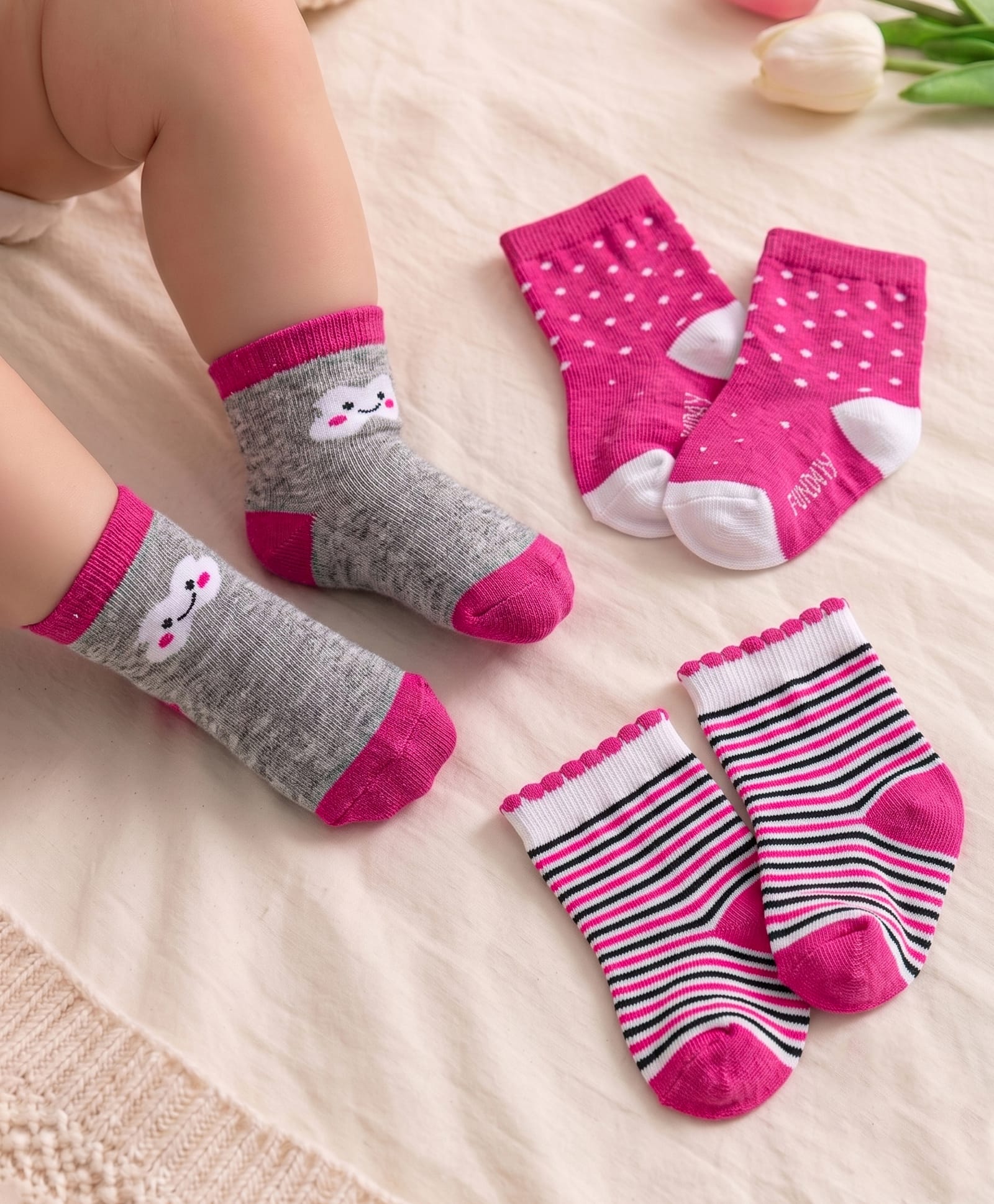 Cute Walk by Babyhug Anti-Bacterial Ankle Length Socks with Striped & Polka Dots DesignPack of 3 - Dark Pink & Grey-image-45
