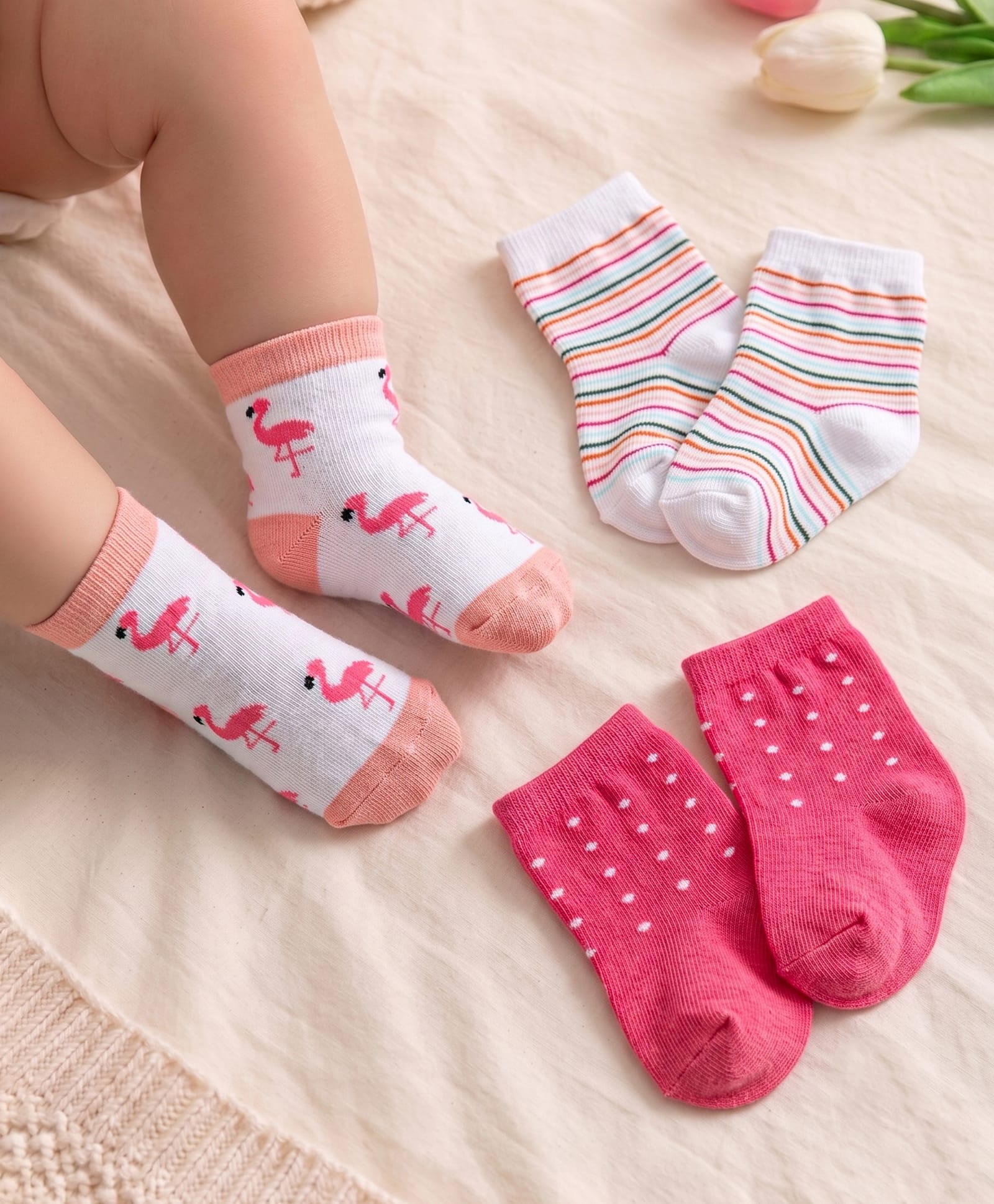 Cute Walk by Babyhug Knit Ankle Length Socks With Flamingo & Polka Dot Design Pack of 3 - White & Pink-picture-11