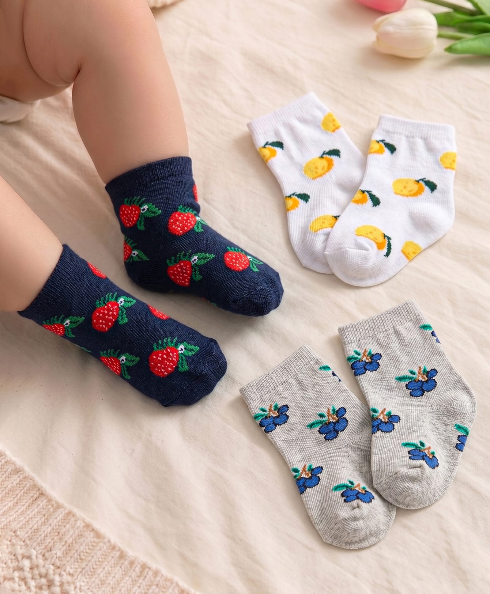 Cute Walk by Babyhug Knit Ankle Length Socks With Fruit Design Pack of 3 - Black White & Grey-picture-28