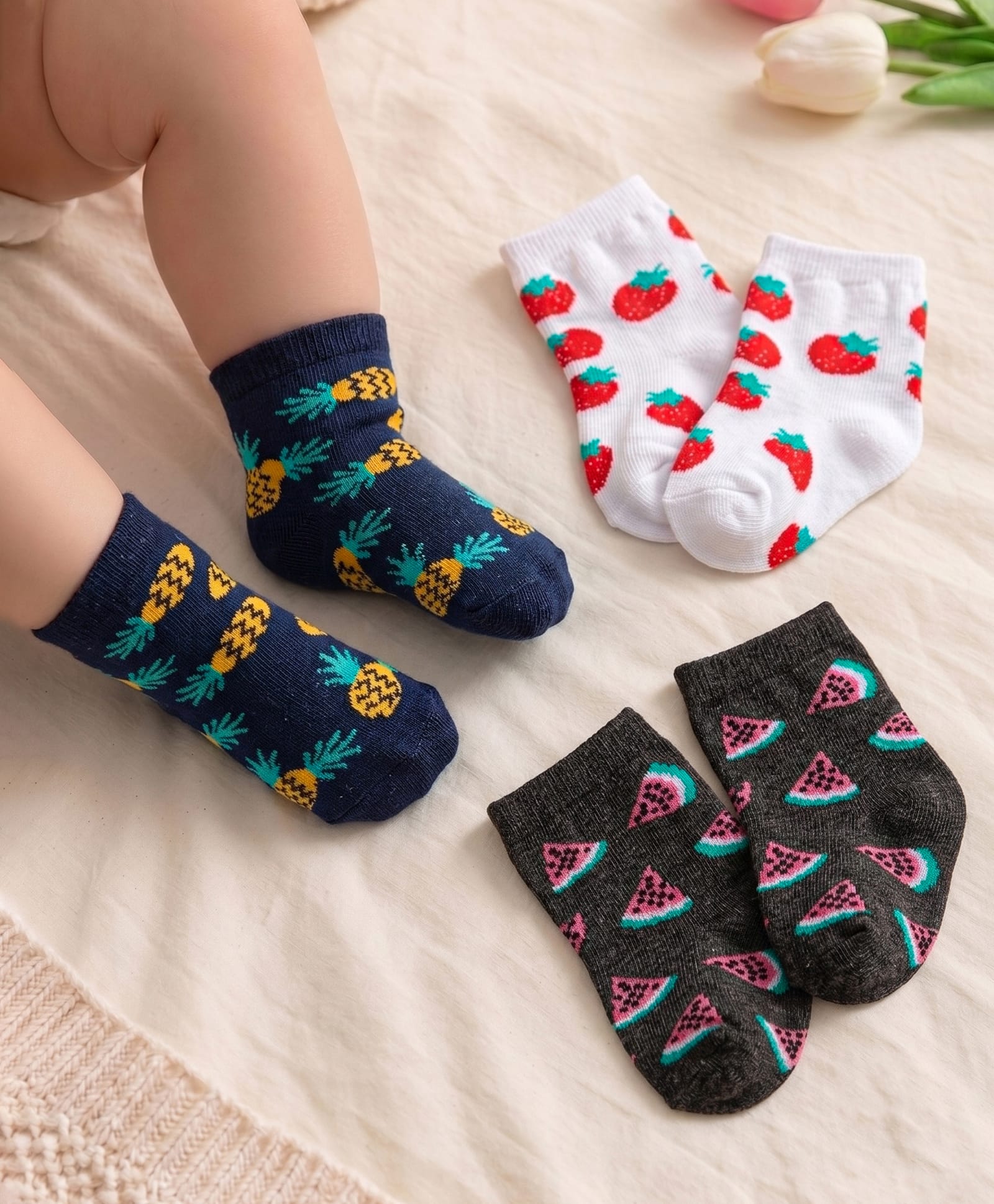 Cute Walk By Babyhug Cotton Knit Anti-Bacterial Ankle Length Socks Tropical Fruit Design Pack of 3 - White & Black-image-45