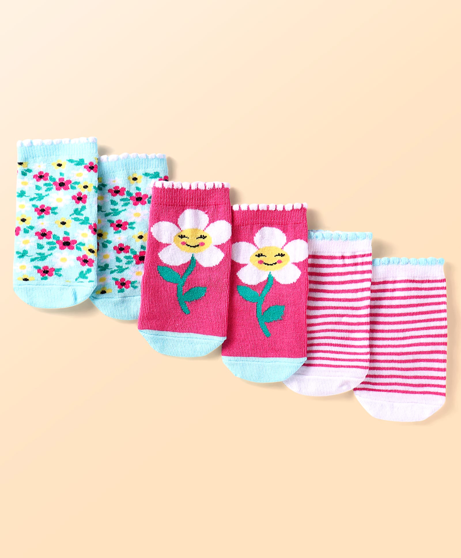 Cute Walk By Babyhug Cotton Knit Anti-Bacterial Ankle Length Socks With Stripes & Floral Design Pack Of 3 - Pink & Light Blue-image-16