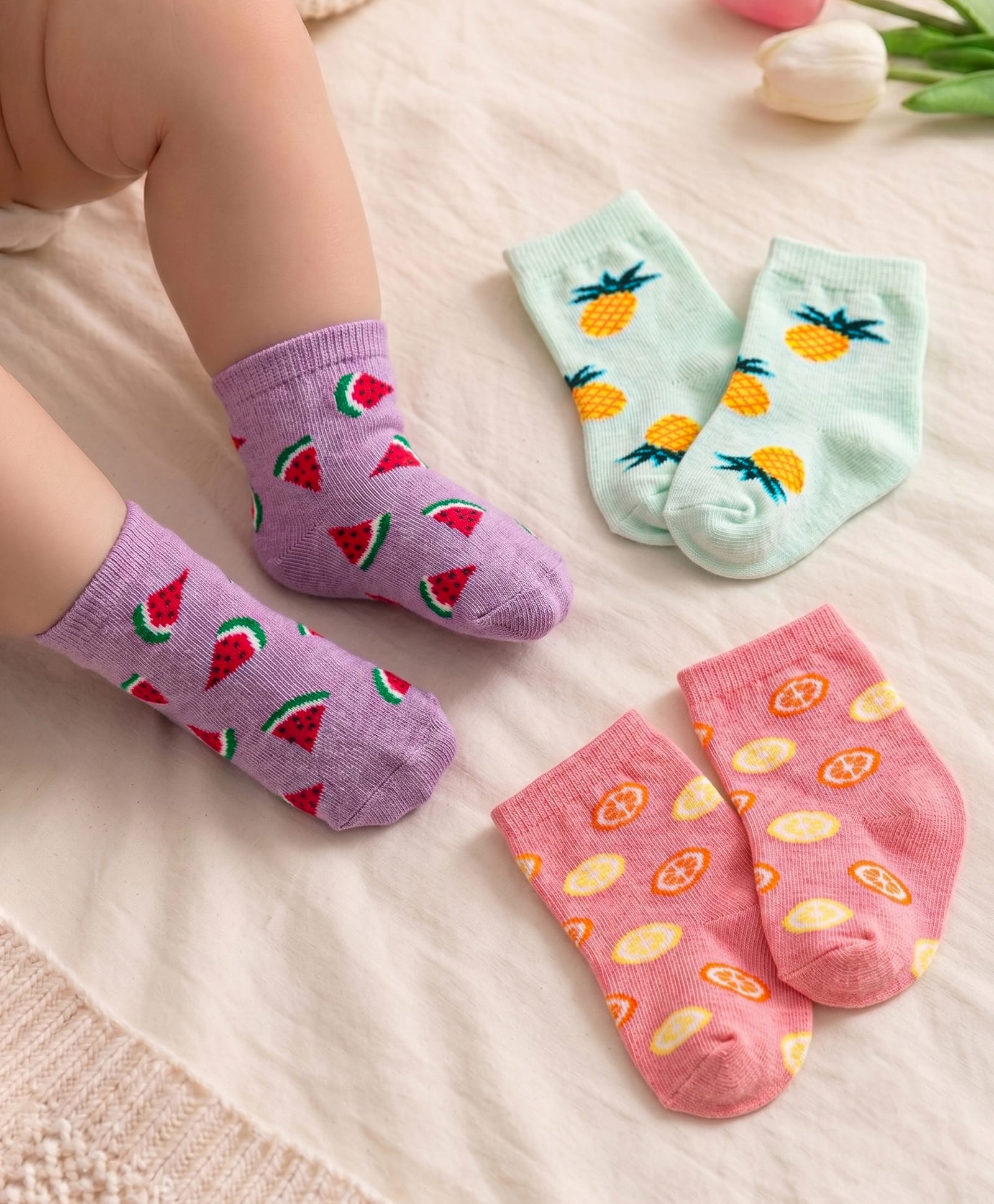 Cute Walk by Babyhug Knit Ankle Length Socks With Fruit Design Pack of 3 - Purple White & Dark Pink-image-48