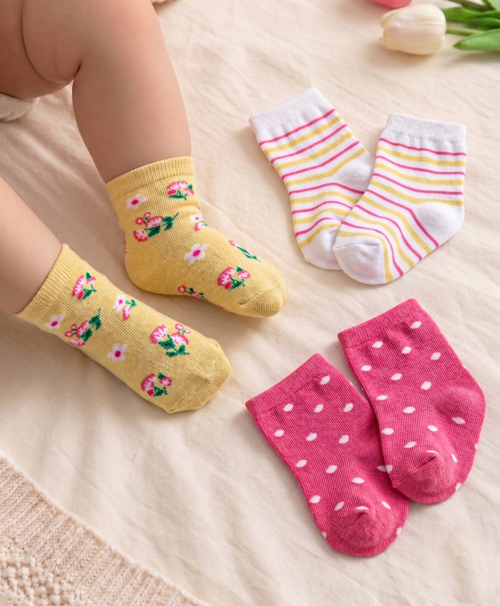 Cute Walk By Babyhug Anti-Bacterial Ankle Length Pack of 3 With Floral Stripe & Polka Dot Print - White Pink & Yellow-image-38