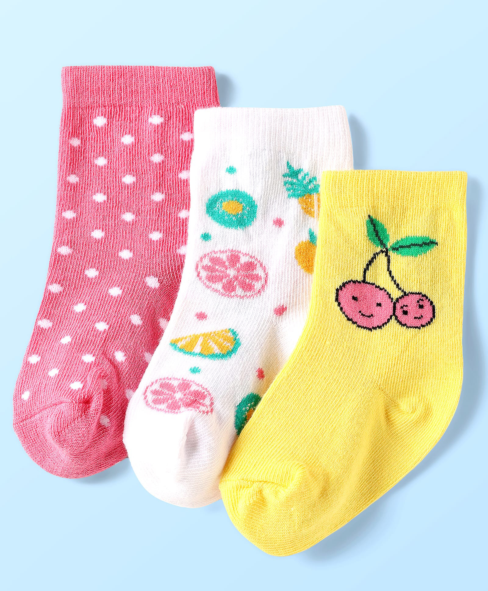 Cute Walk By Babyhug Anti-Bacterial Ankle Length Pack of 3 With Tropical & Polka Dot Print - Yellow White & Pink-image-35