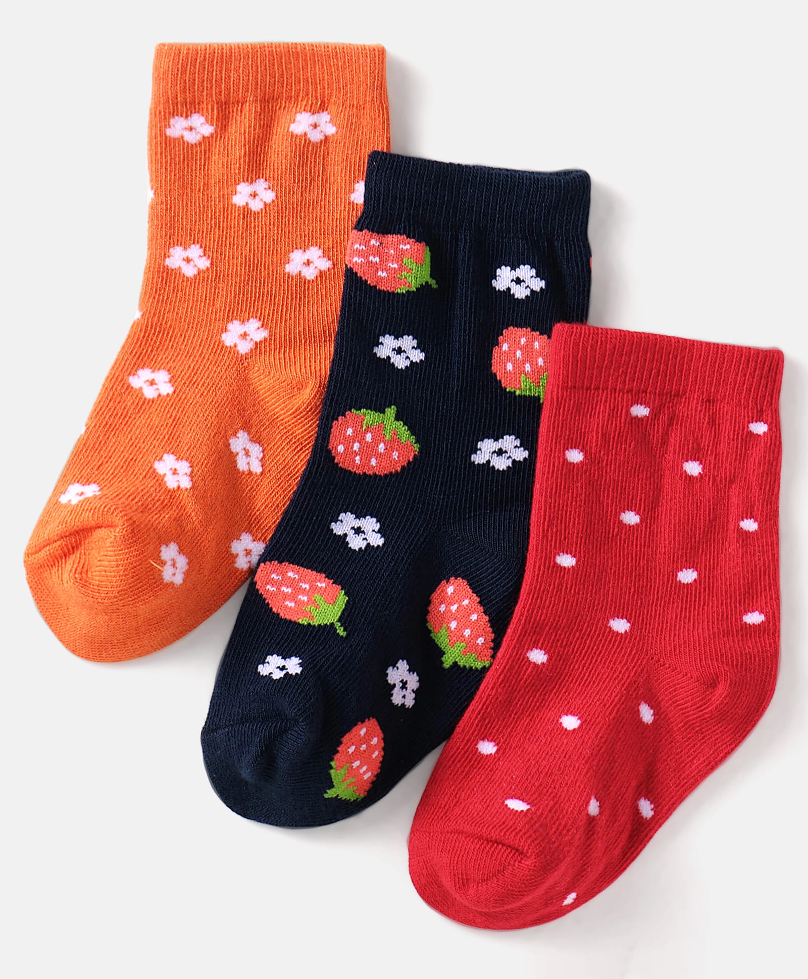 Cute Walk By Babyhug Cotton Knit Anti-Bacterial Ankle Length Socks With Fruit Polka Dot & Floral Design Pack Of 3 - Black Red & Orange-image-29