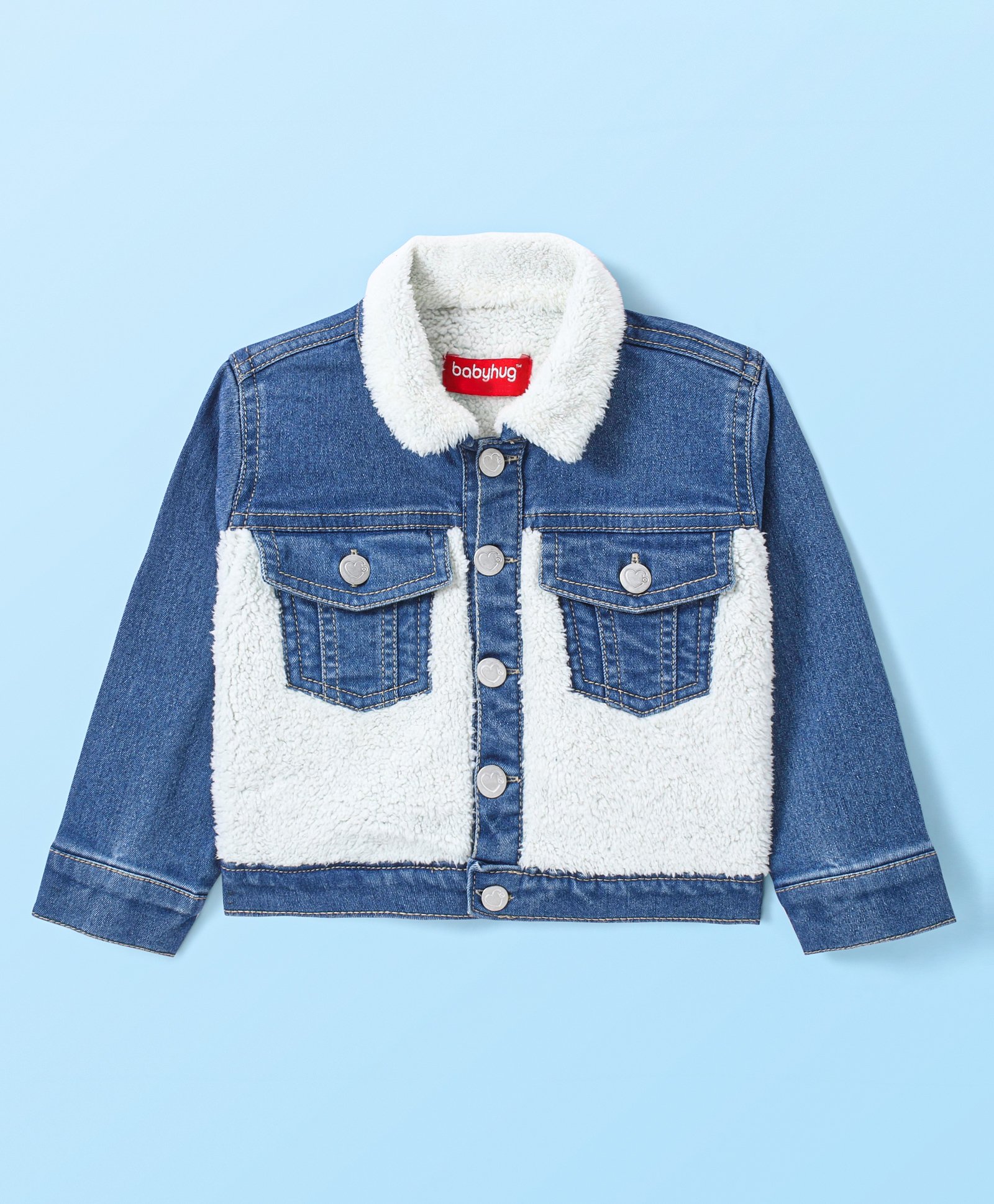 Babyhug Denim Washed Full Sleeves Jackets With Pockets  & Smiley Embroidery In Back - Navy Blue-image-9