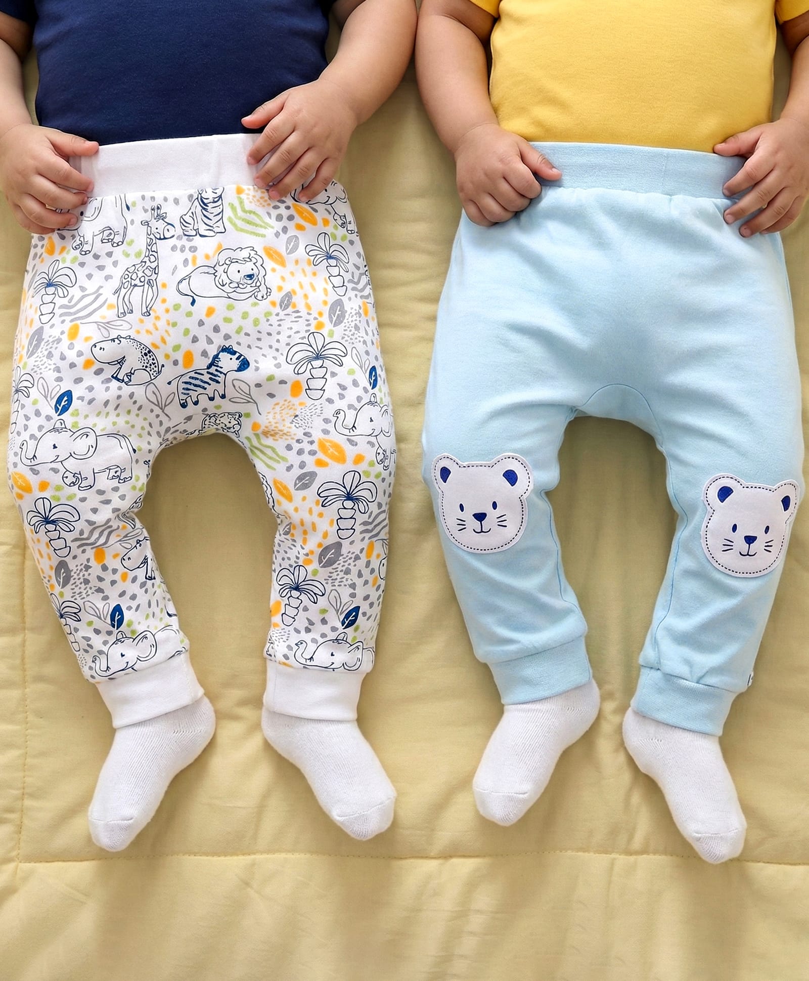 Babyoye 100% Cotton Knit Full Length Animal Printed Diaper Leggings Pack of 2 - White & Blue-image-10