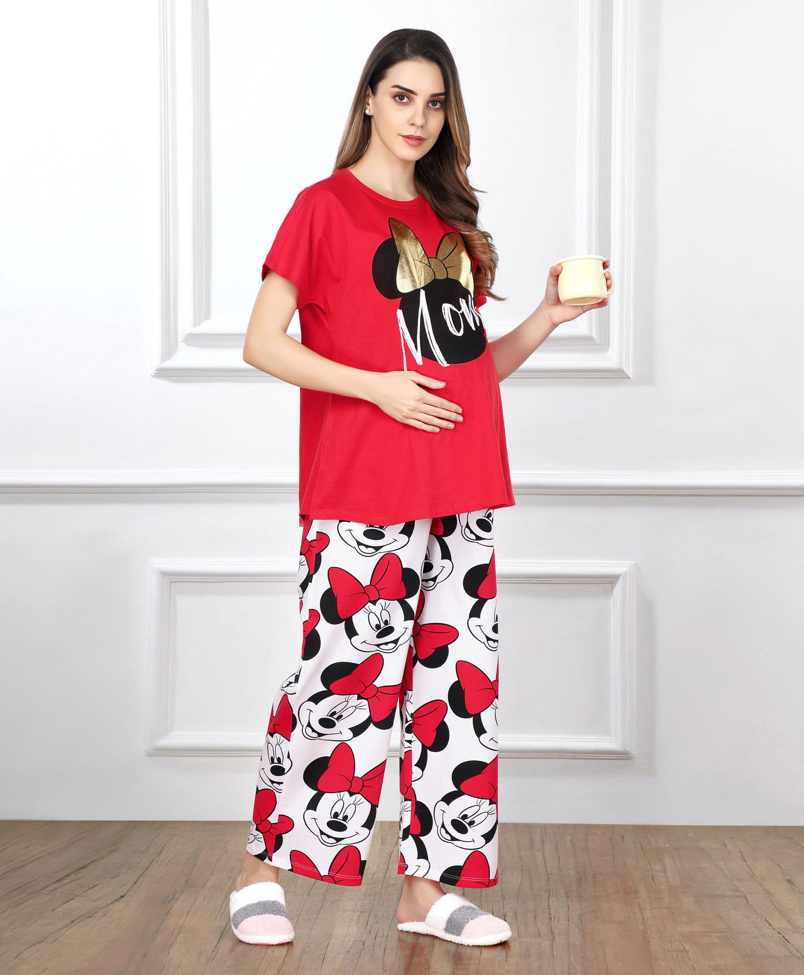 Bella Mama Disney Cotton Knit Half Sleeves Pullover Maternity Night Suit With Minnie Mouse Graphics - Red-image-34