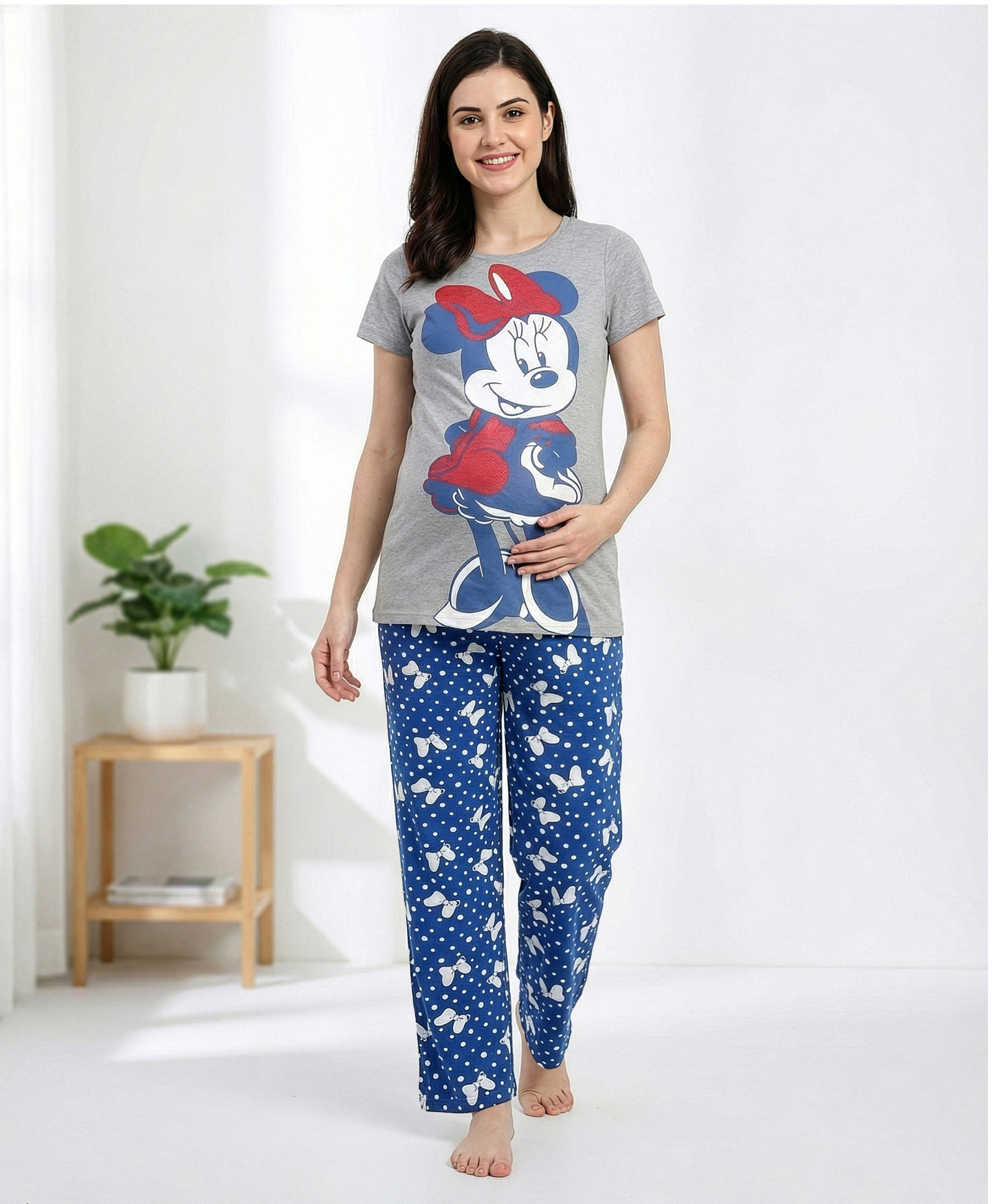 bella mama disney Bella Mama Cotton Knit Half Sleeve Night Suit With Minnie Mouse Graphics - Grey & Blue-picture-43
