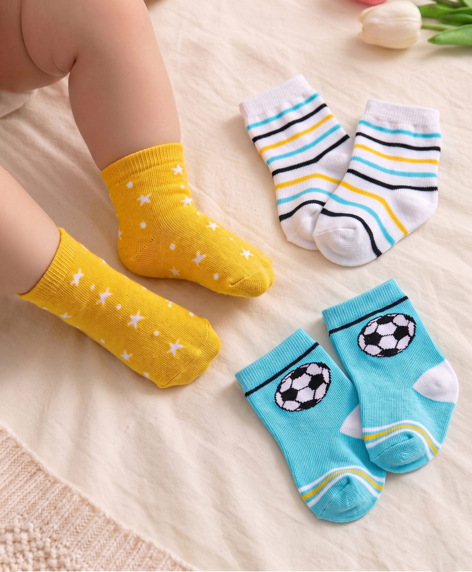 Cute Walk By Babyhug Anti-Bacterial Ankle Length Socks With Stripe & Star Design Pack Of 3 - Yellow & Light Blue-image-34