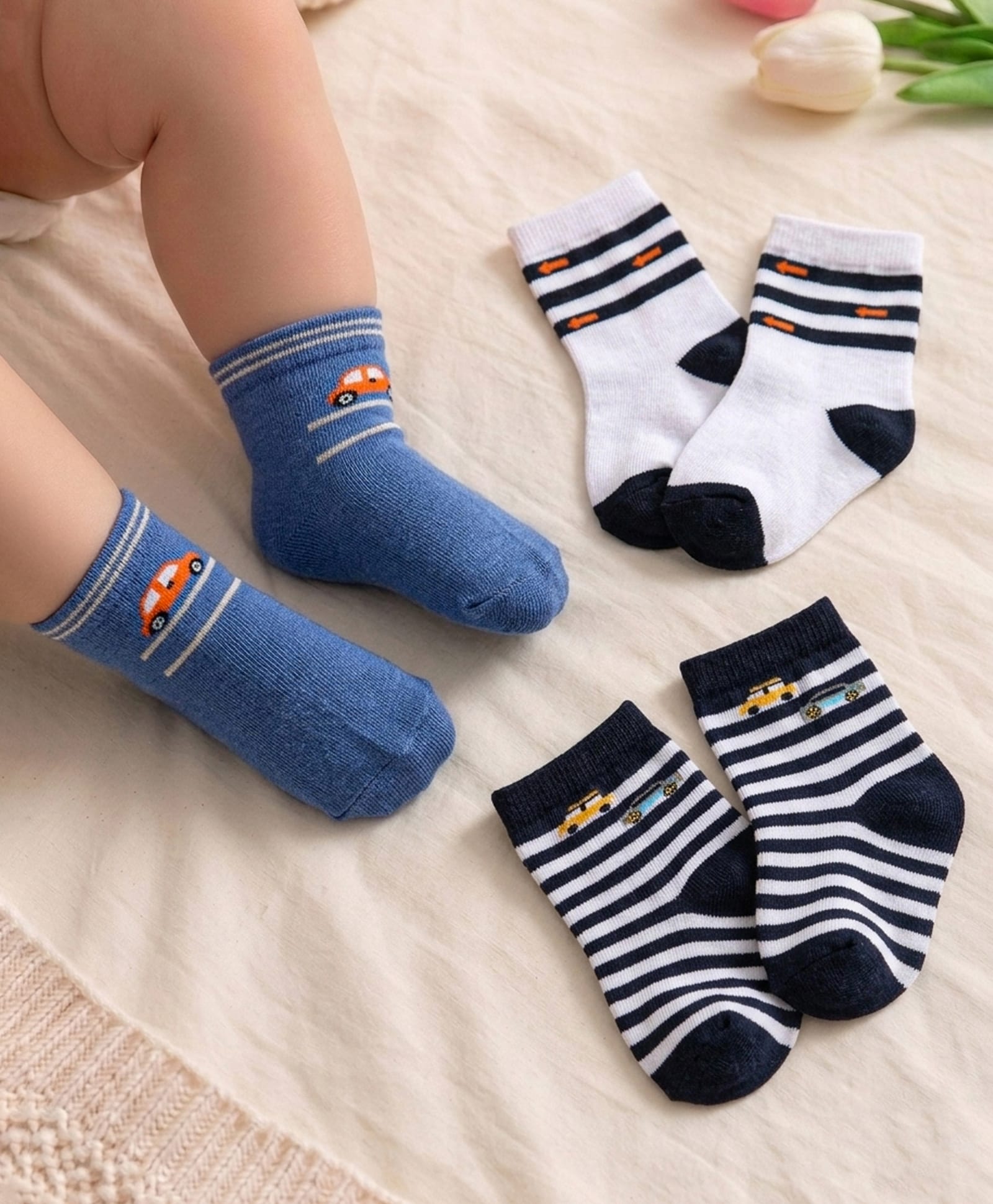 Cute Walk by Babyhug Knit Ankle Length Socks With Vehicle Design Pack of 3 - White Black & Blue-image-48