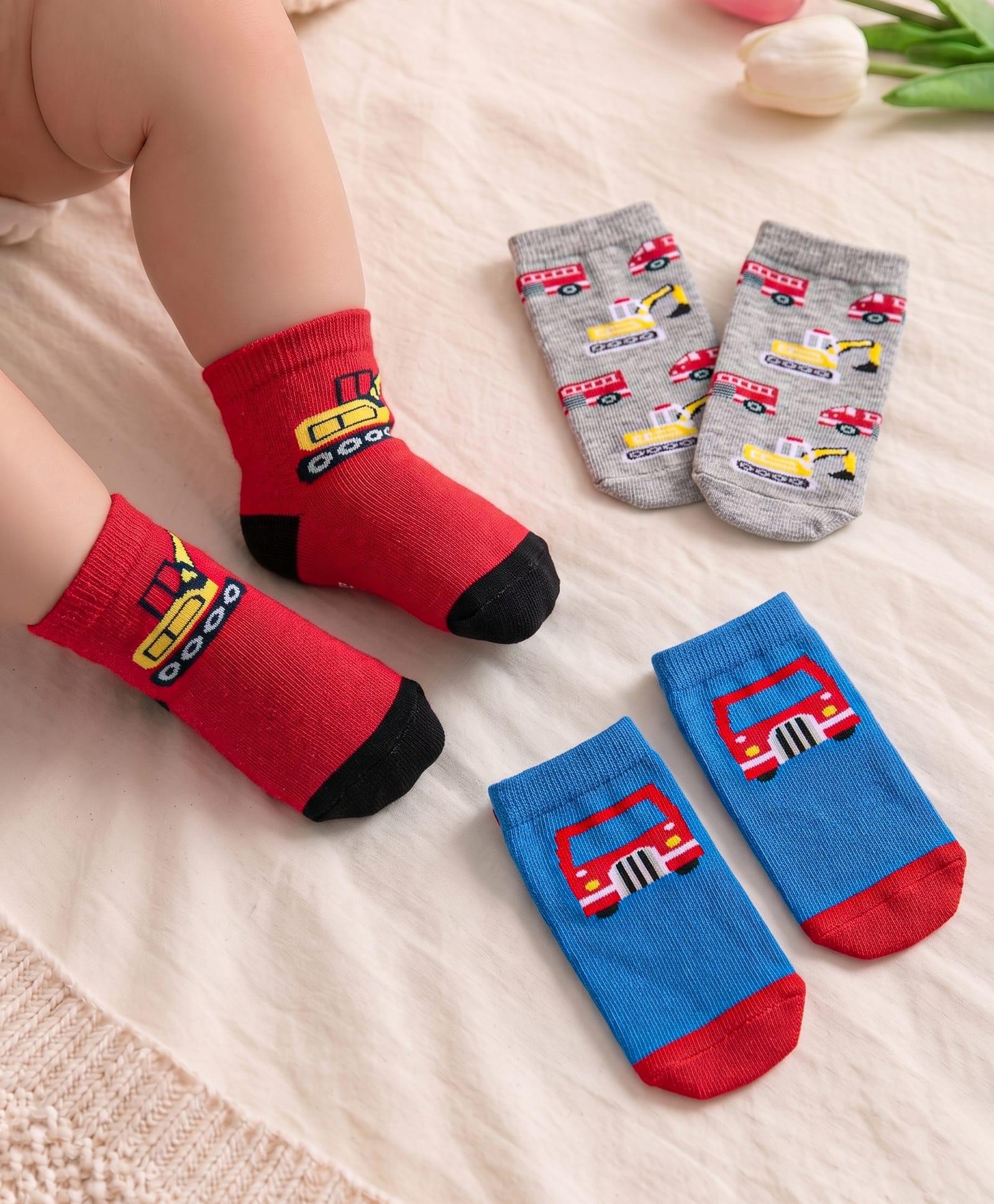 Cute Walk by Babyhug Anti-Bacterial Ankle Length Socks with Car & Truck Design Pack of 3 - Blue Red & Grey-image-46