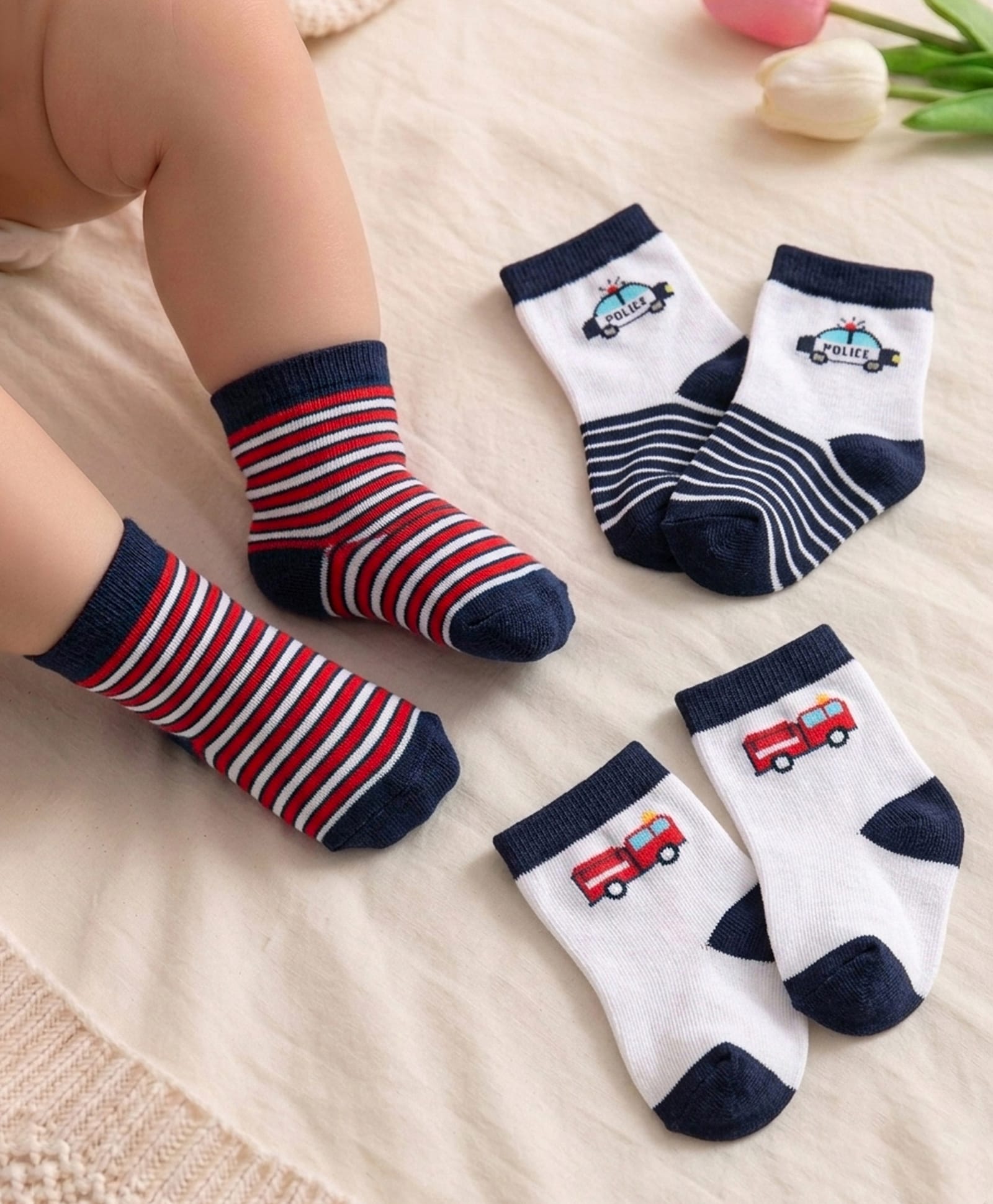 Cute Walk by Babyhug Knit Ankle Length Striped Socks With Vehicle Design Pack of 3 - White Red & Black-image-25