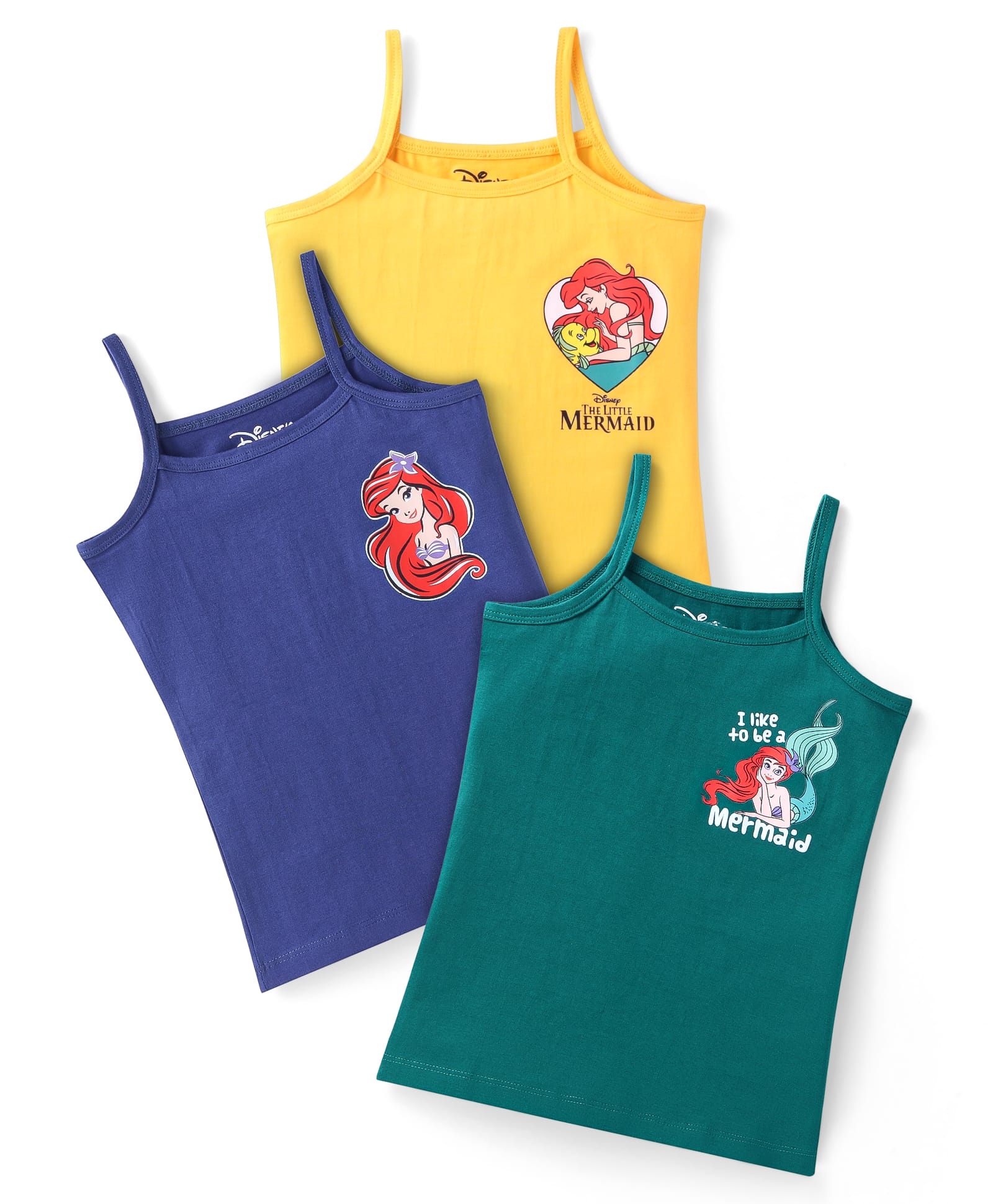 Babyhug Disney Knit Sleeveless Slips With Disney Princess Graphics Pack of 3 - Yellow Blue & Green-image-1