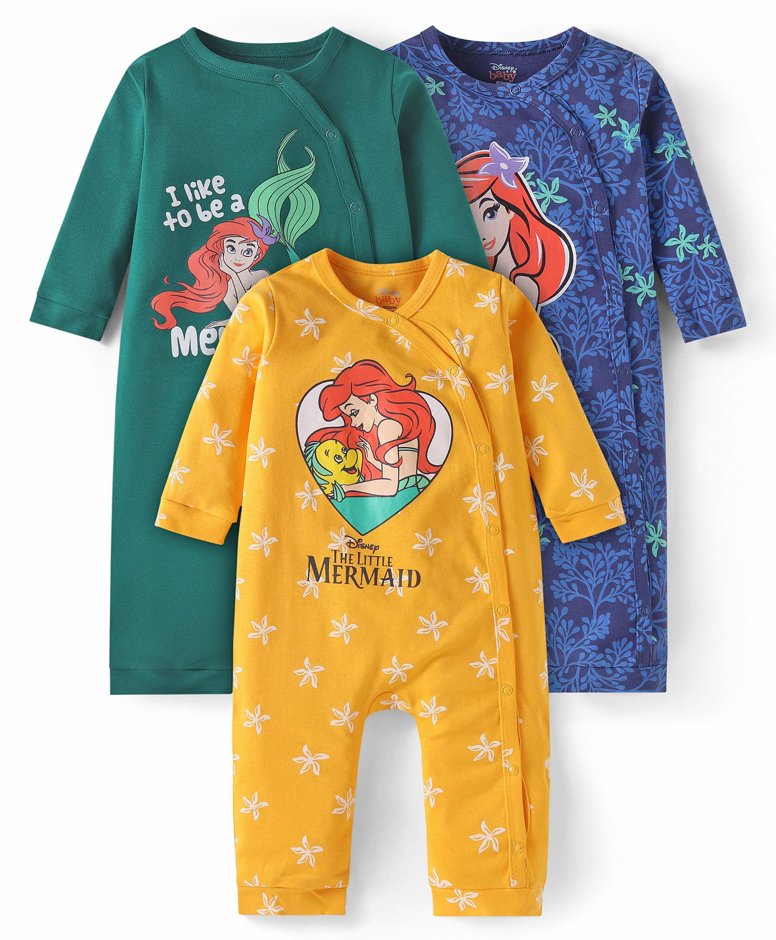 Babyhug Disney Interlock Knit Full Sleeves Rompers with Disney Princess Graphics Pack of 3 - Yellow Green & Blue-image-36