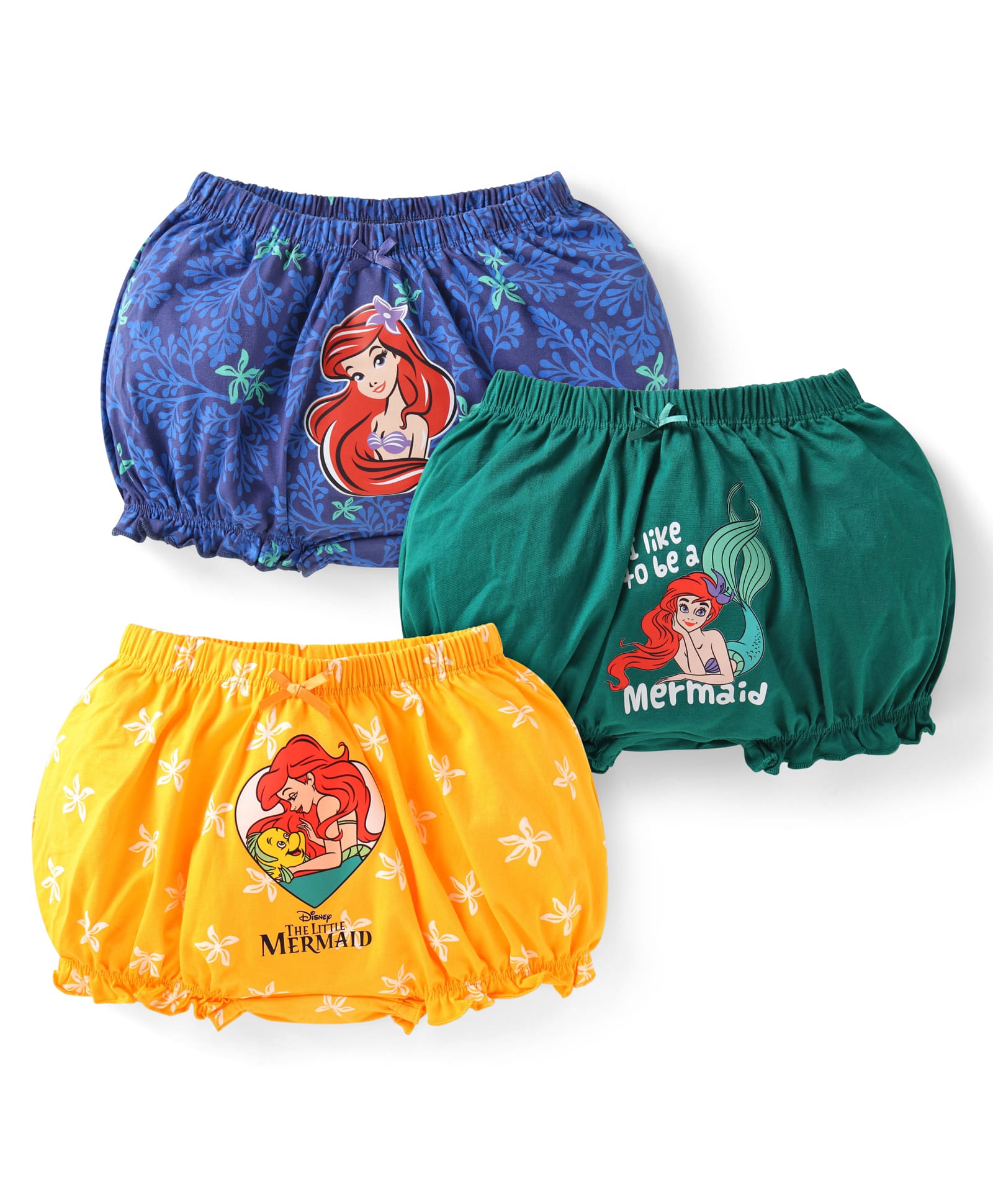 Babyhug Disney Lycra Knit Bloomers with Disney Princess Graphics & Bow Applique Pack of 3 - Yellow Green & Blue-picture-20
