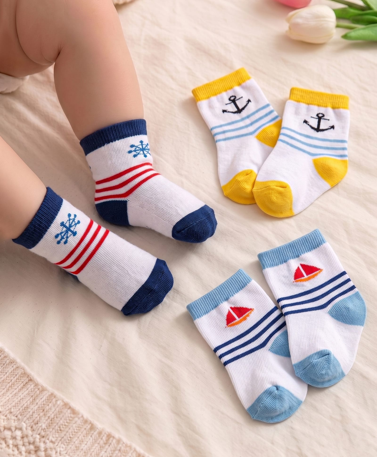 Cute Walk By Babyhug Anti-Bacterial Ankle Length Socks With Beach Design Pack Of 3 - White Blue & Yellow-image-38