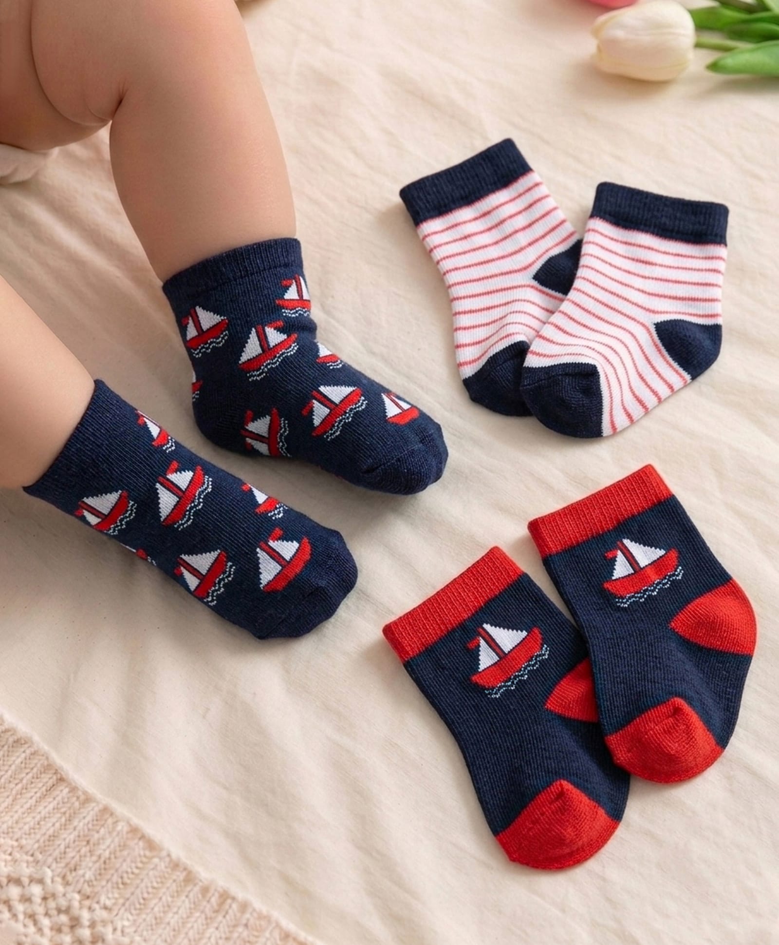 Cute Walk By Babyhug Anti-Bacterial Ankle Length Pack of 3 With Nautical Theme Print - Red & Navy Blue-image-34