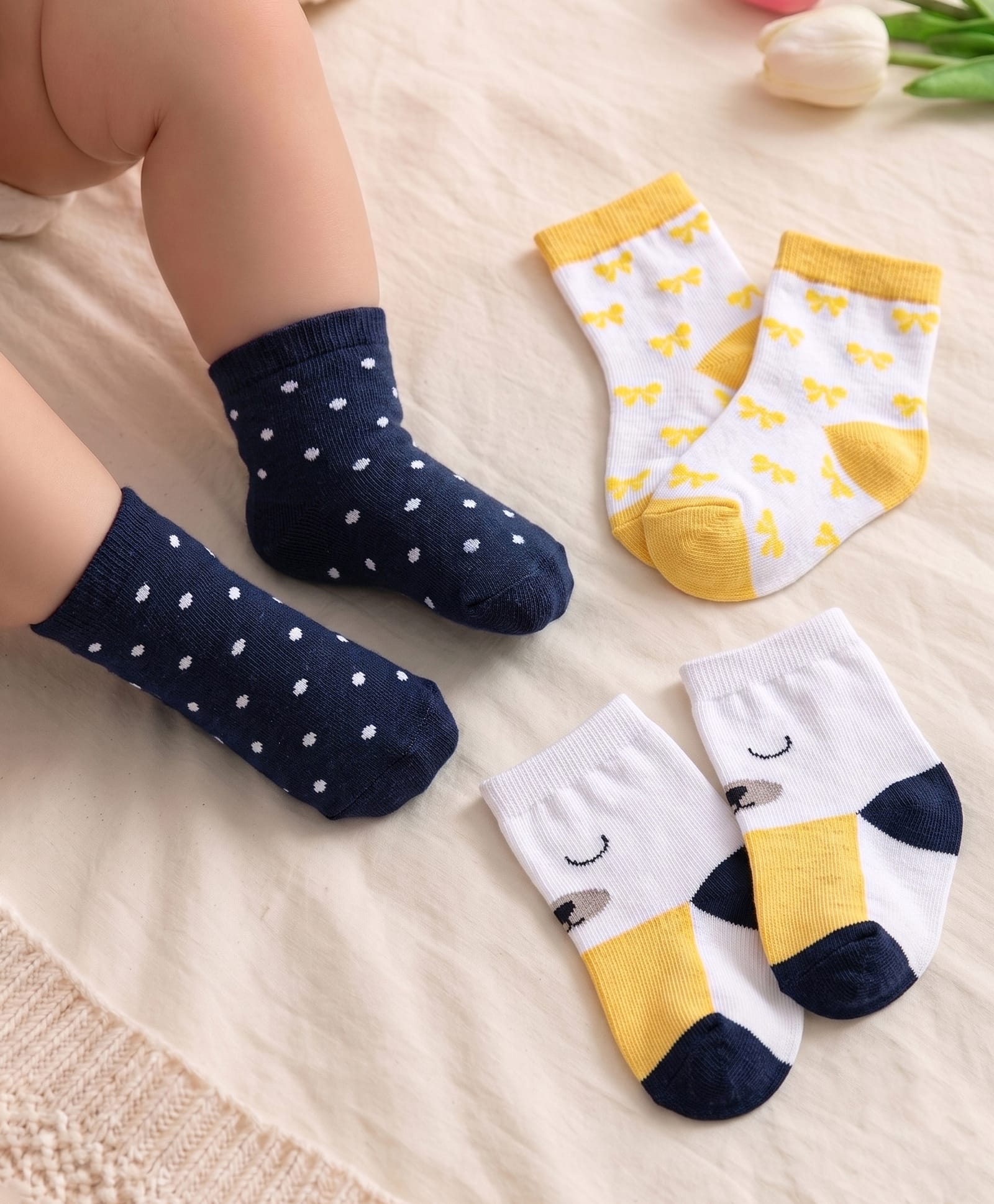 Cute Walk by Babyhug Knit Ankle Length Socks With Polka Dot & Animal Design Pack of 3 - Navy Blue White & Yellow-image-28
