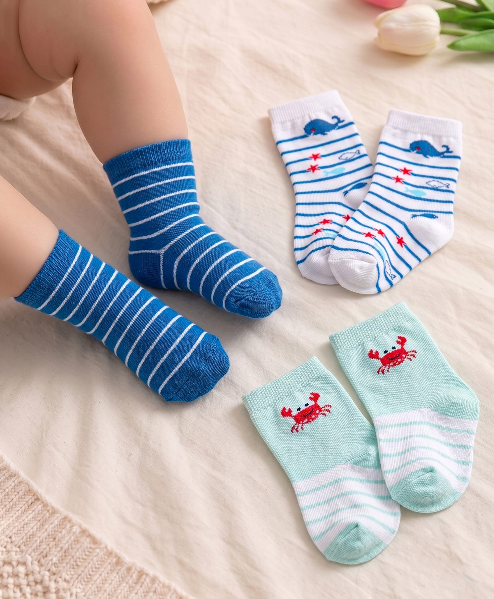 Cute Walk By Babyhug Cotton Knit Anti-Bacterial Ankle Length Socks With Stripe & Ocean Design Pack of 3 - Blue & White-image-4
