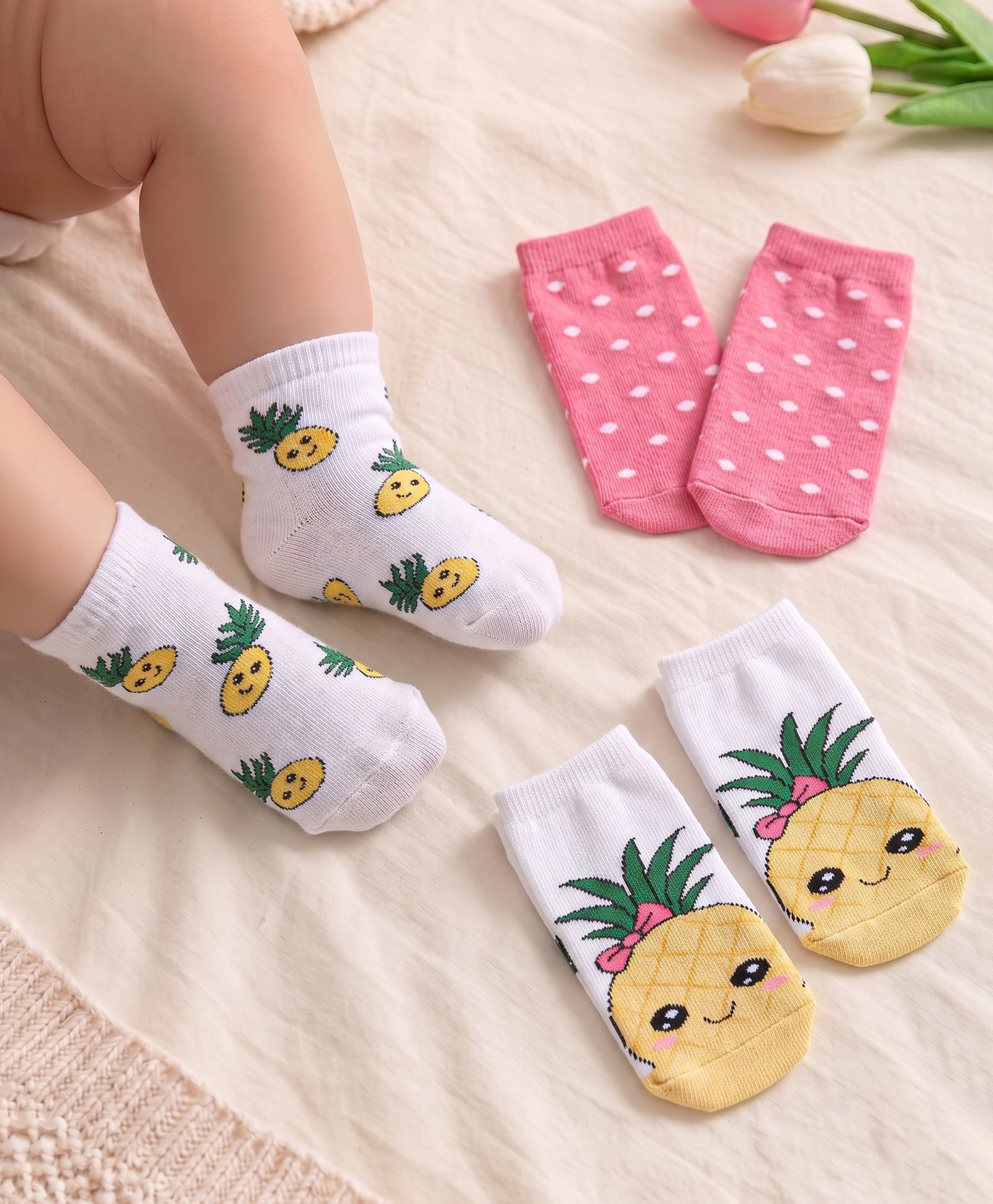 Cute Walk by Babyhug Knit Ankle Length Anti-Bacterial Socks with Polka Dot & Pineapple Design Pack of 3 - White & Dark Pink-image-42