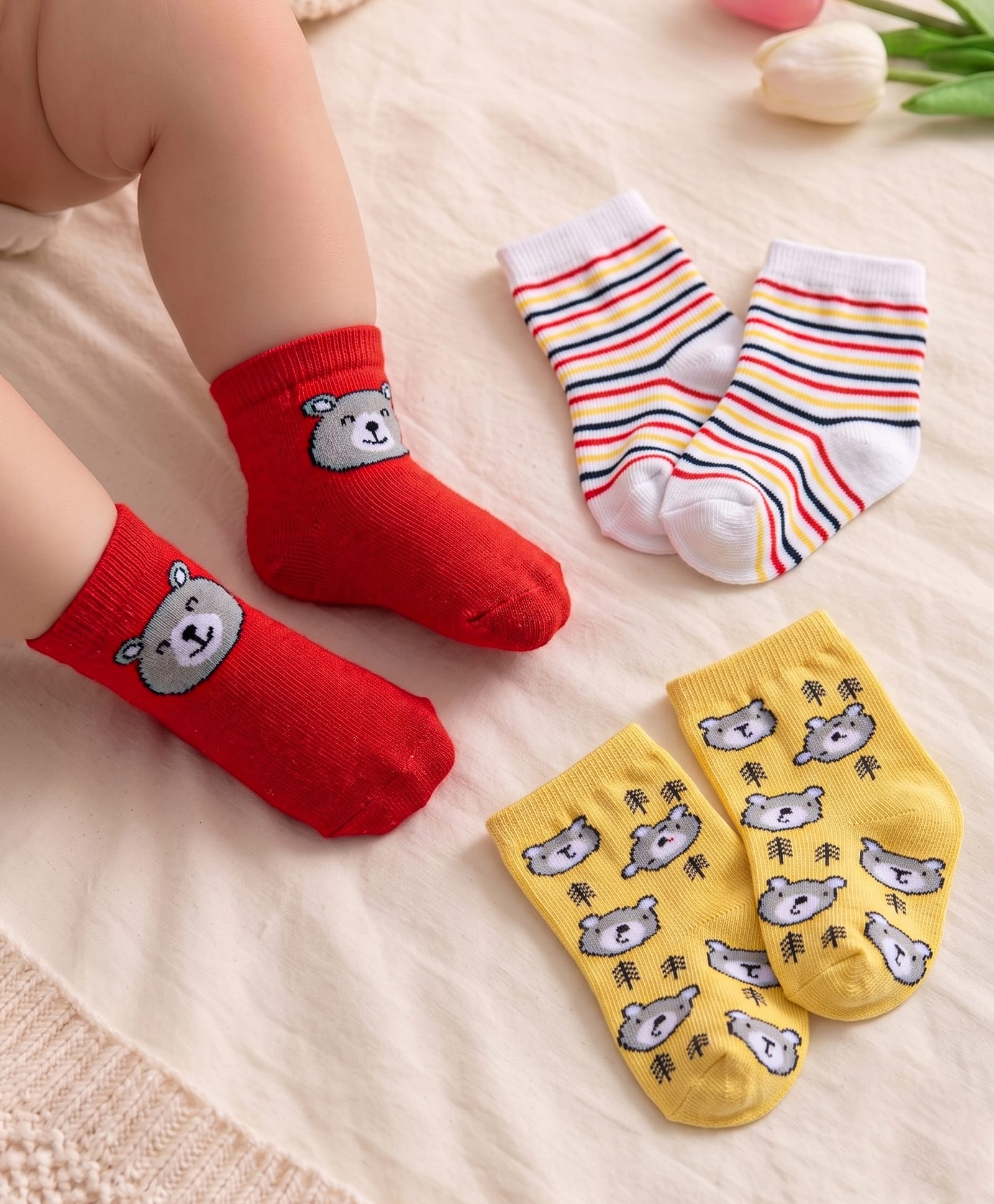 Cute Walk by Babyhug Knit Ankle Length Socks With Stripes & Animal Design Pack of 3 - Red Yellow & White-image-26