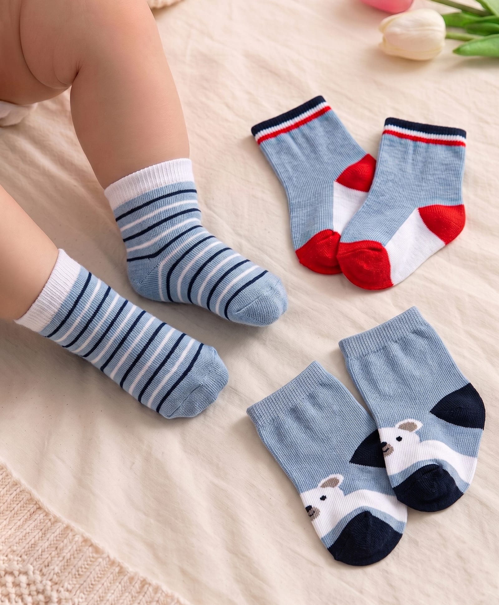 Cute Walk by Babyhug Knit Ankle Length Socks With Stripes & Animal Design Pack of 3 - Light Grey Red & Navy Blue-image-30