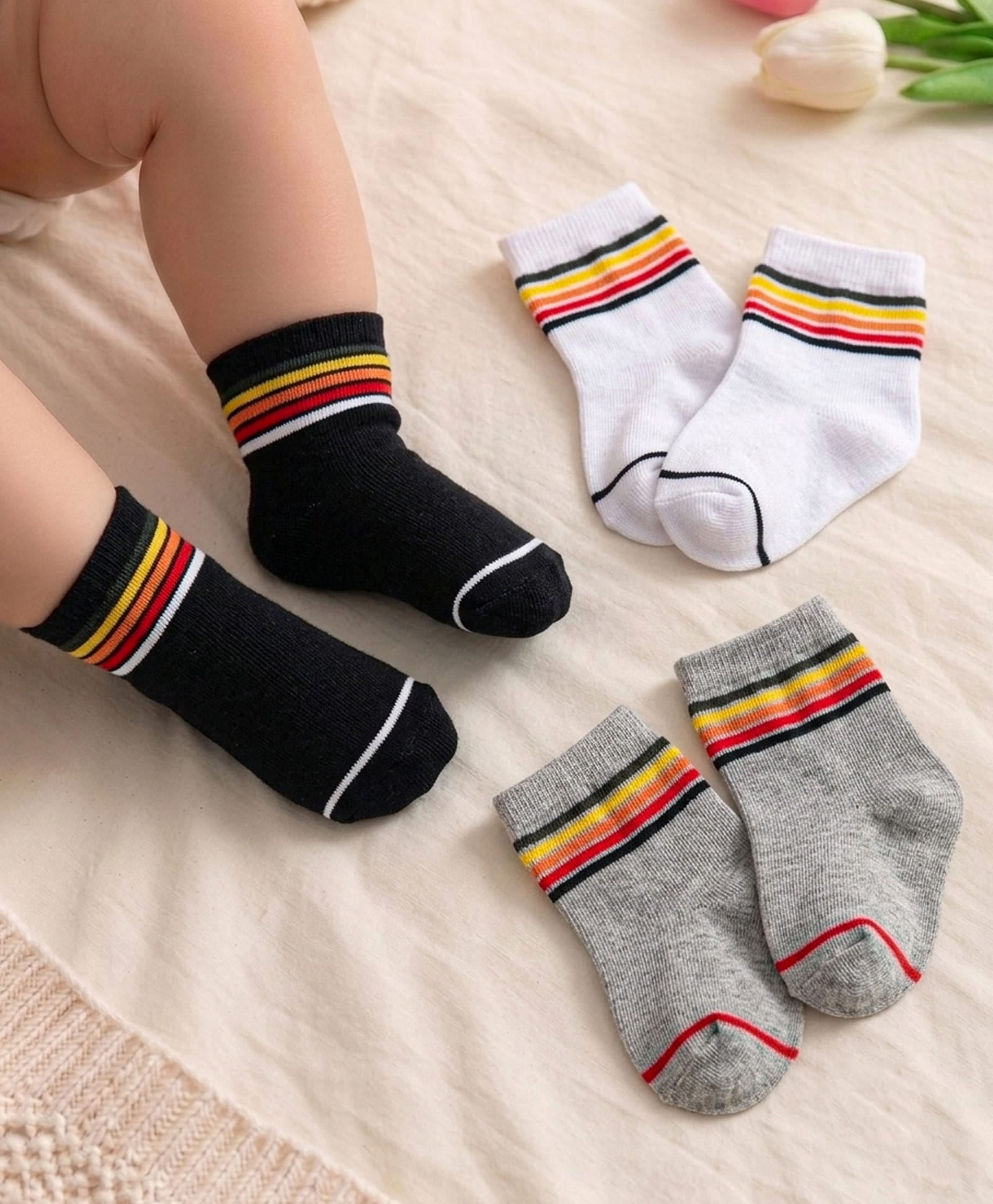 Cute Walk By Babyhug Cotton Knit Anti-Bacterial Ankle Length Solid Socks With Stripe Design Pack of 3 - White Black & Grey-image-38