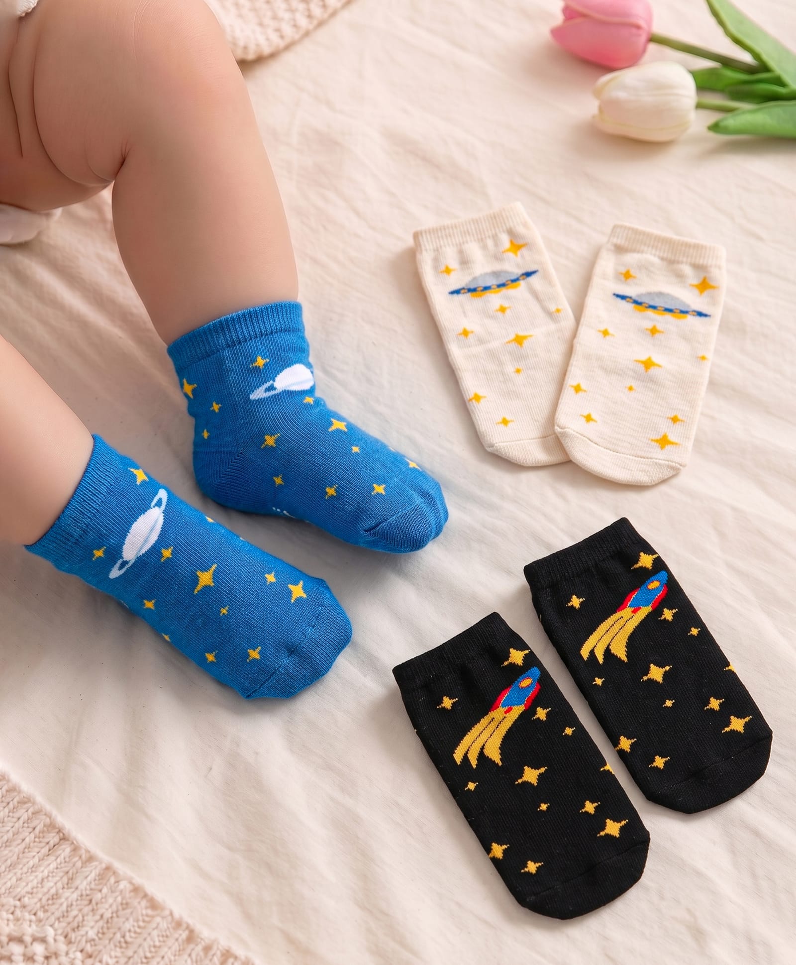 Cute Walk By Babyhug Cotton Knit Anti-Bacterial Ankle Length Socks With Space Design Pack of 3 - Black Blue & White-image-39