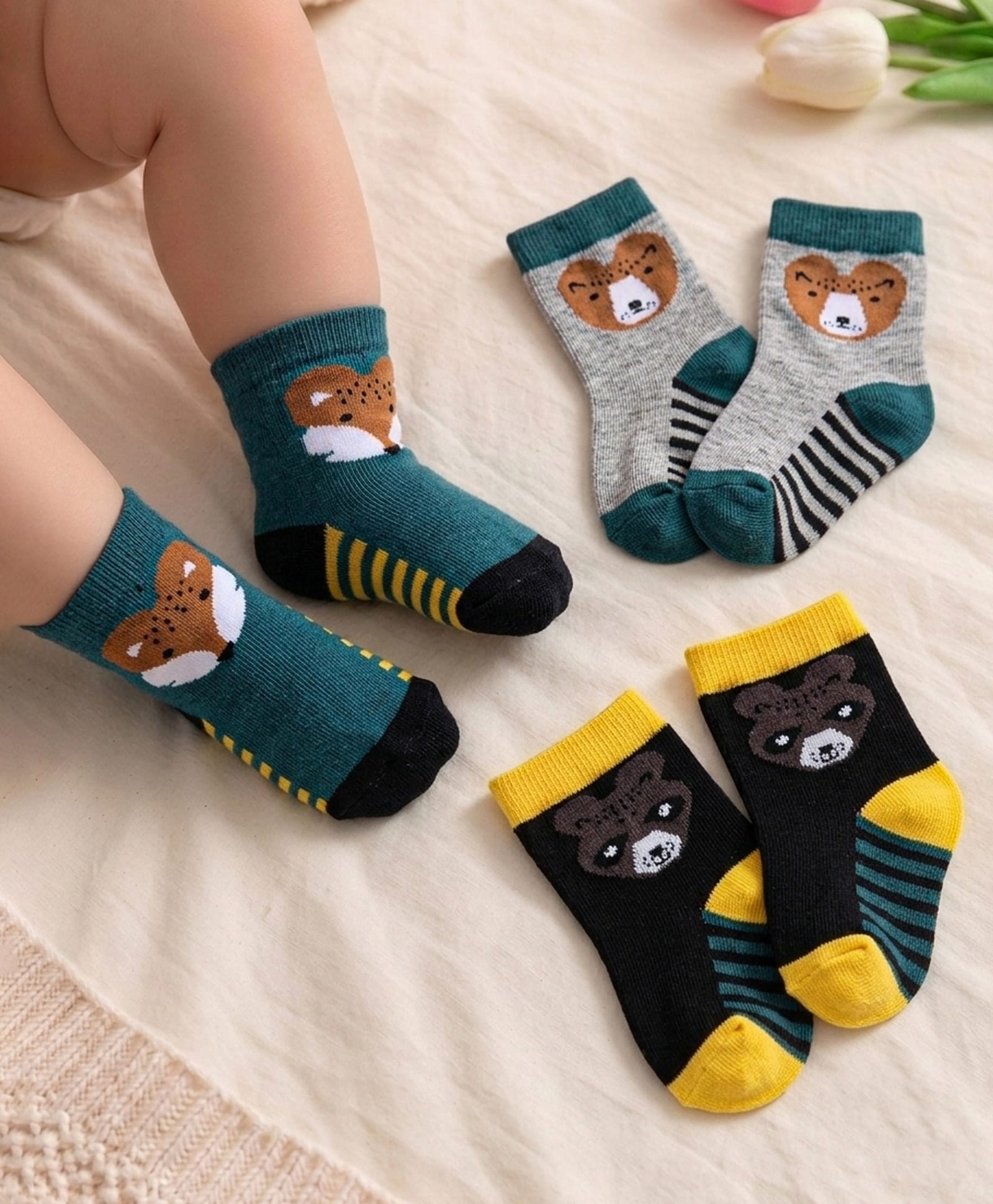 Cute Walk by Babyhug Ankle Length Antibacterial Socks with Stripes & Animal Design Pack of 3 - Teal Blue-image-38