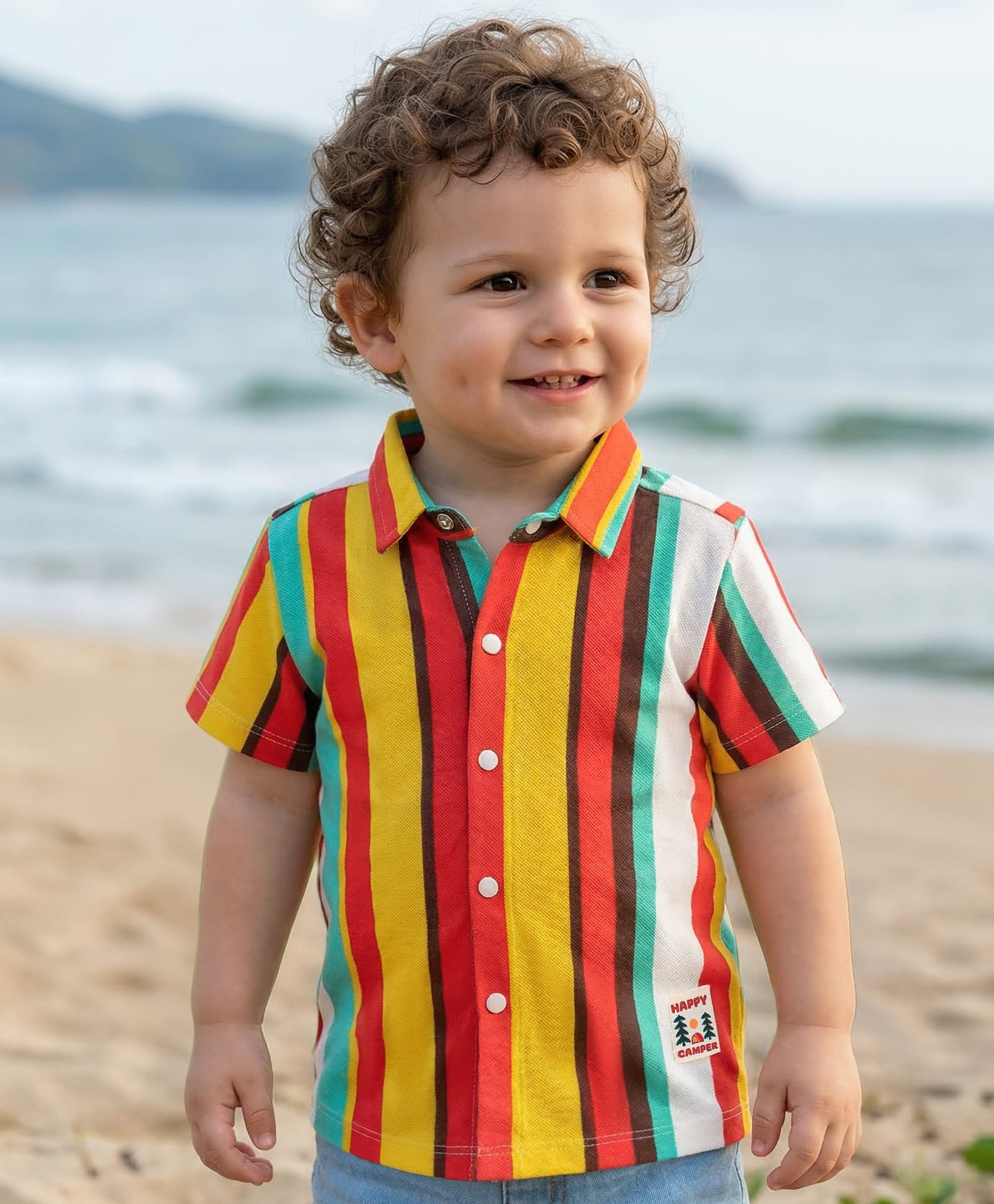 Babyoye 100% Cotton Knit Half Sleeves Striped Shirt - Red Yellow & White-picture-4