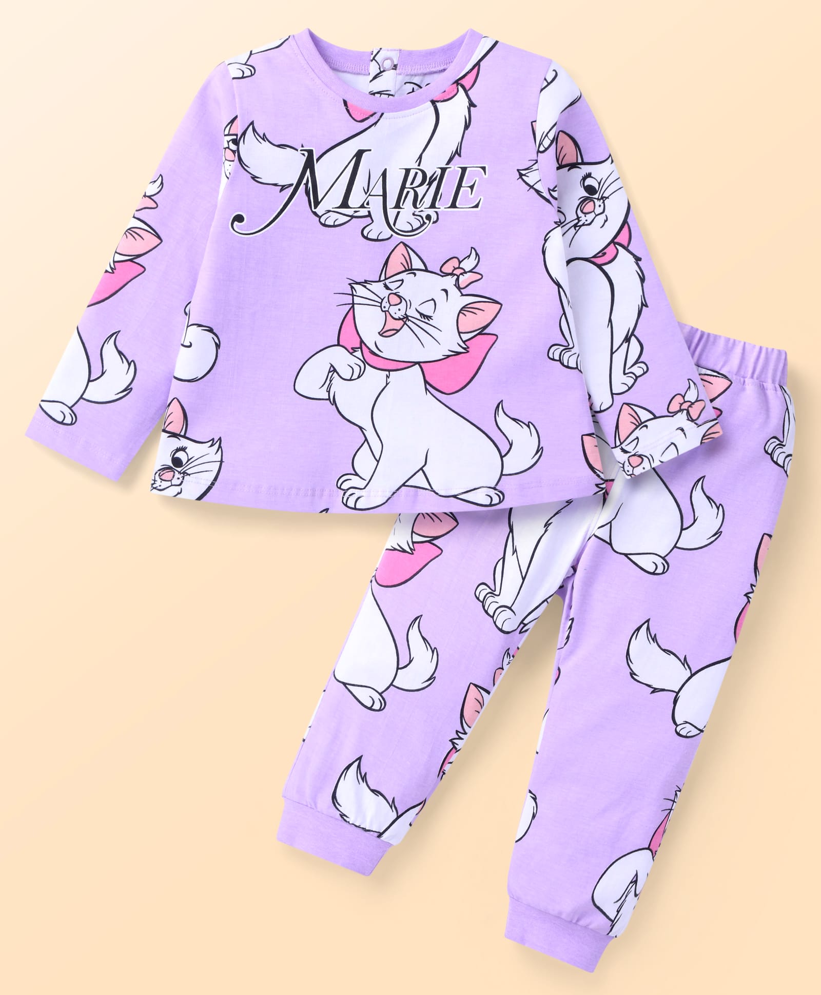 Babyhug Disney Single Jersey Knit Full Sleeves Night Suit With Marie Graphics - Lilac-picture-13