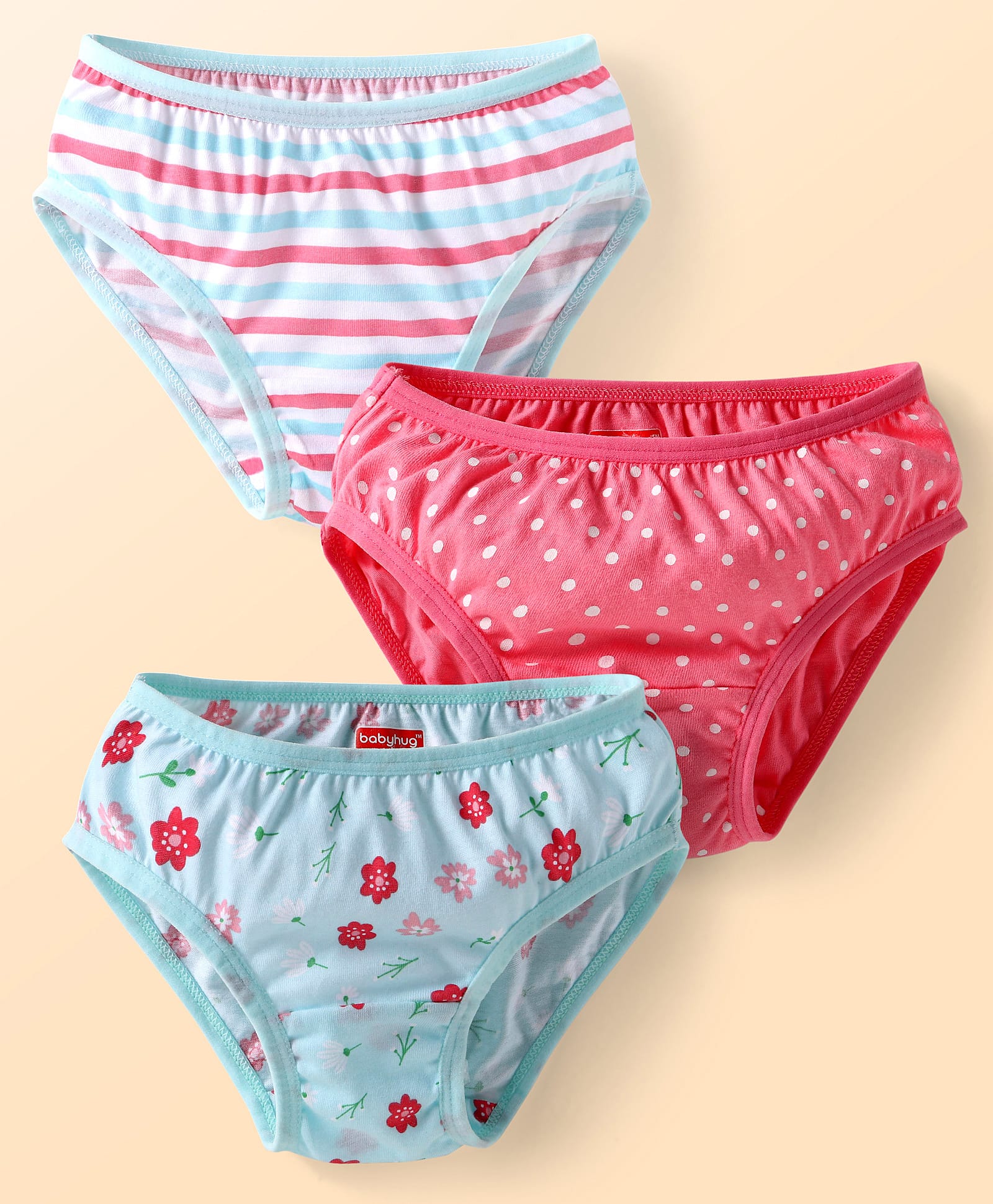 Babyhug Single Jersey Knit Panties Pack of 3 with Floral Polka Dots & Stripe Print - Pink & Light Blue-image-0
