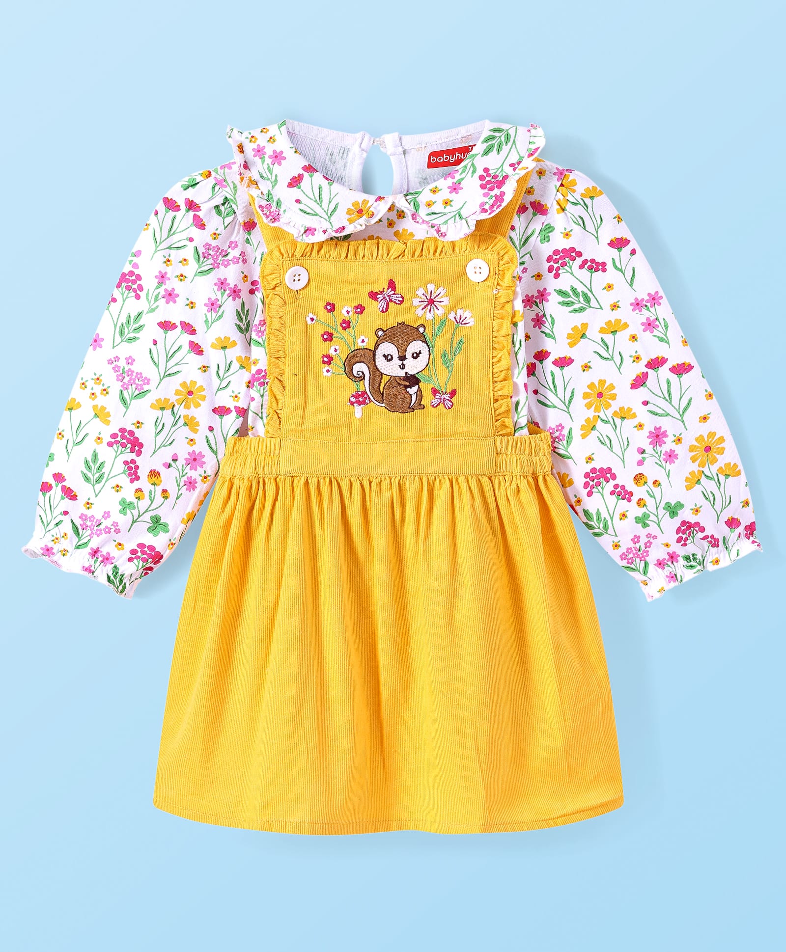 Babyhug Cotton Woven Full Sleeves Floral Printed T-Shirt With Peter Pan Collar & Squirrel Embroidered Frock - Yellow-picture-16