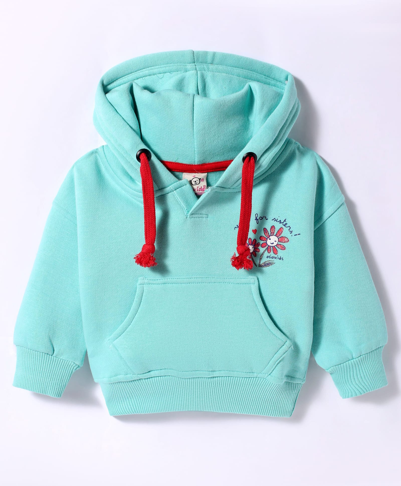 Olio Kids Fleece Knit Full Sleeves Hooded Sweatshirt with Floral Print & Kangaroo Pockets - Sea Green-image-49