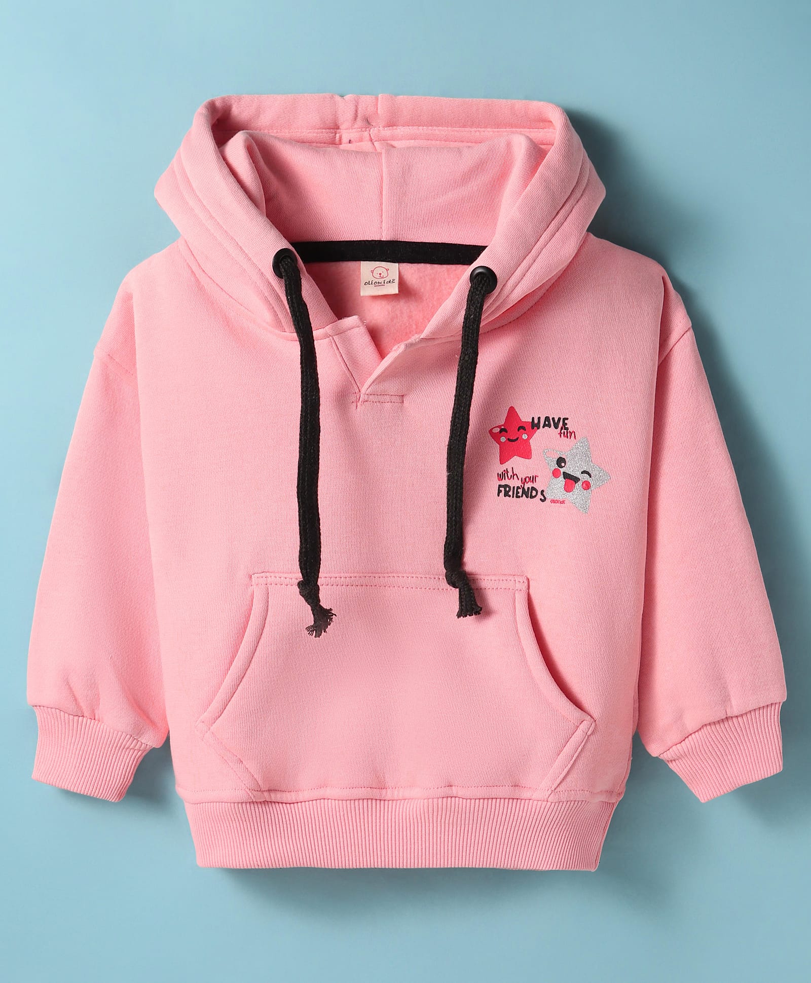 Olio Kids Fleece Knit Full Sleeves Hooded Sweatshirt With Text Print & Kangaroo Pockets - Pink-image-46
