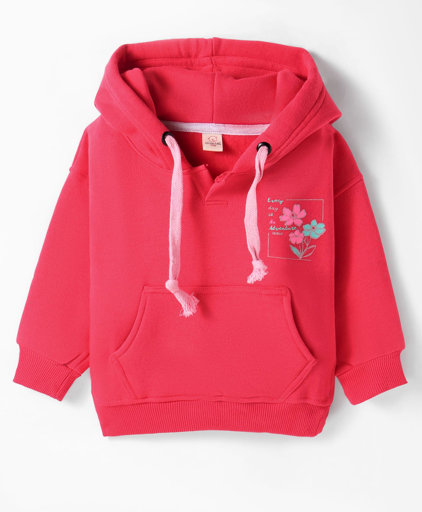 Olio Kids Fleece Knit Full Sleeves Hooded Sweatshirt With Floral Print & Kangaroo Pockets - Pink