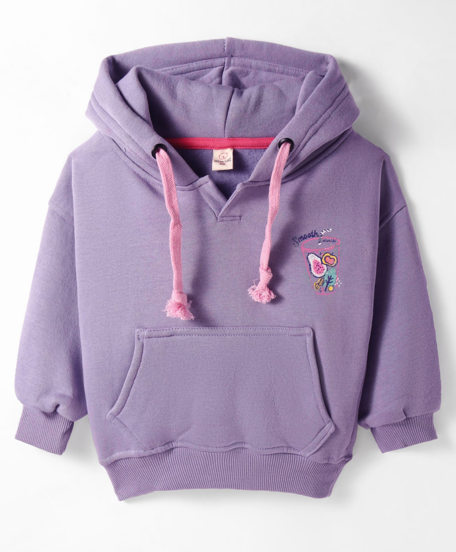Olio Kids Fleece Knit Full Sleeves Hooded Sweatshirt With Fruit Print & Kangaroo Pockets - Purple-picture-24