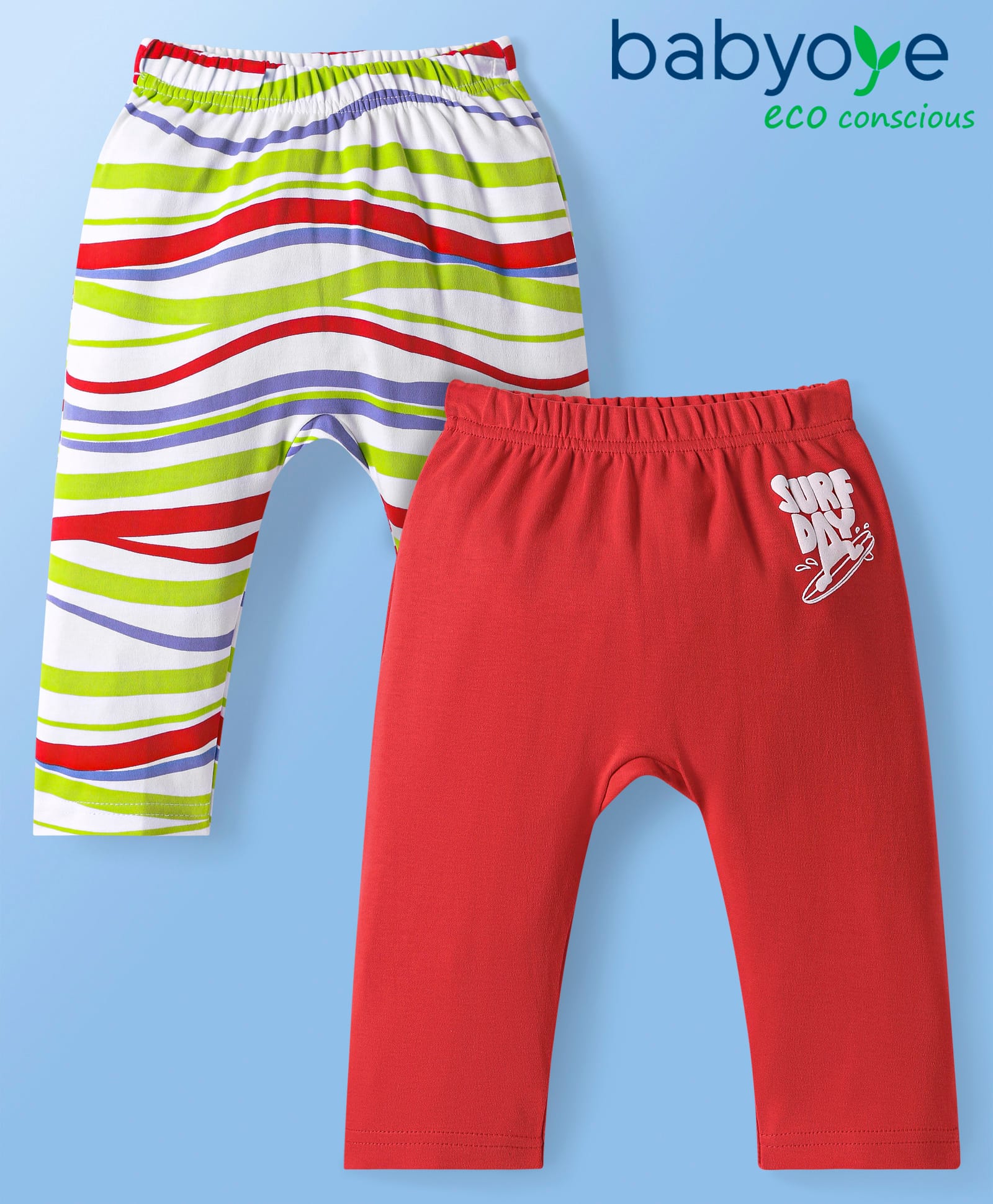 Babyoye 100% Cotton Knit Full Length Eco Jiva Finish Diaper Leggings with Beach Theme Print Pack of 2 - Red & White-picture-13