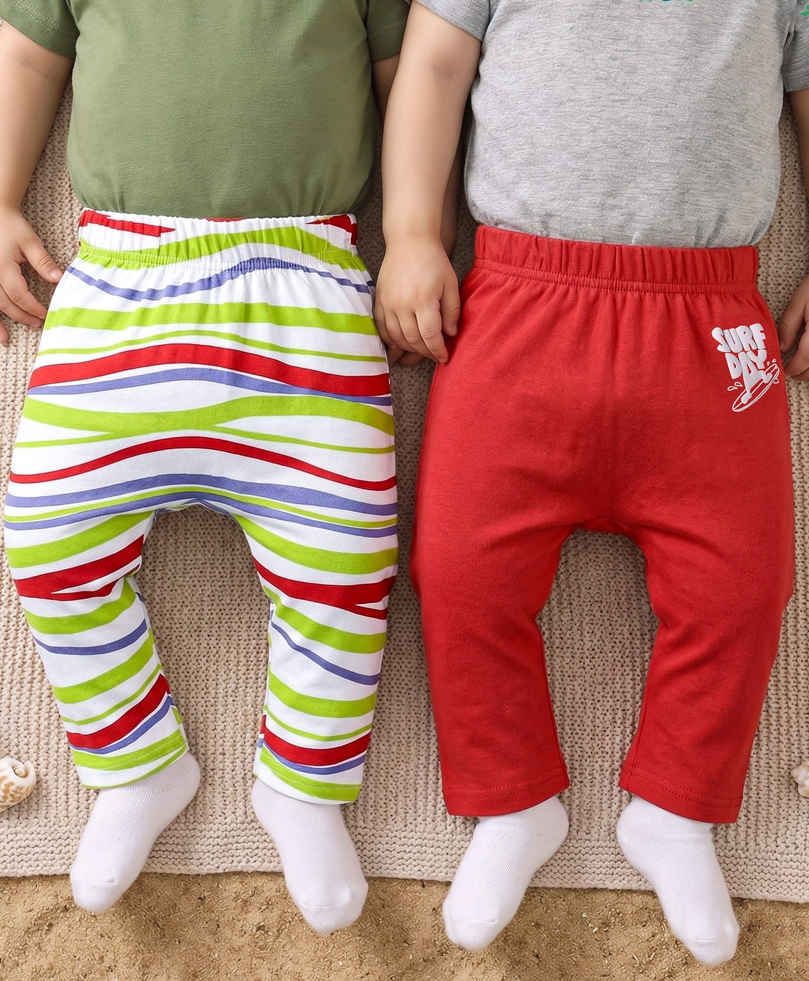 Babyoye 100% Cotton Knit Full Length Eco Jiva Finish Diaper Leggings with Beach Theme Print Pack of 2 - Red & White-picture-19