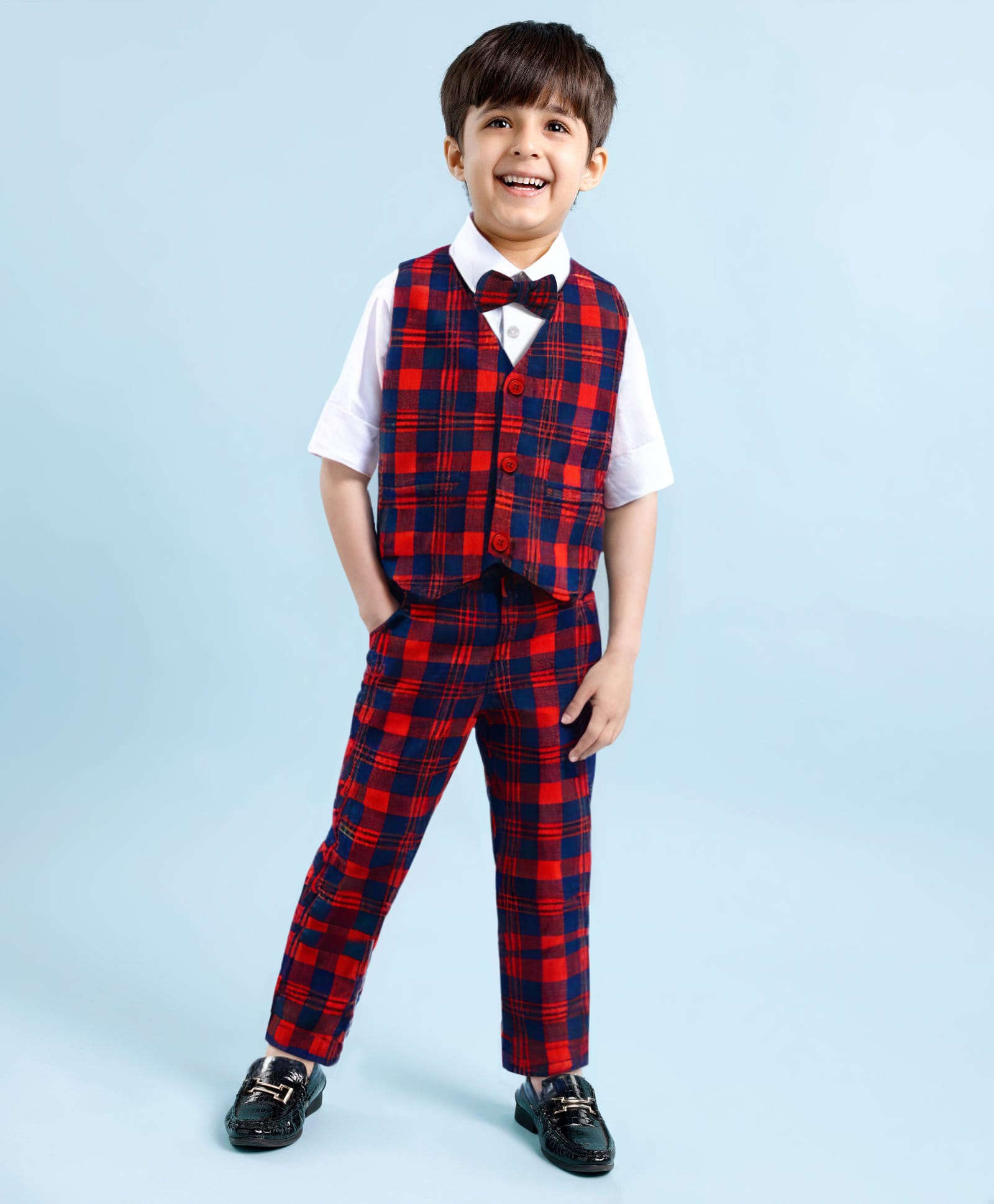 Babyhug Woven Full Sleeves Checkered 3 Piece Party Suit With Bow - Maroon-image-34