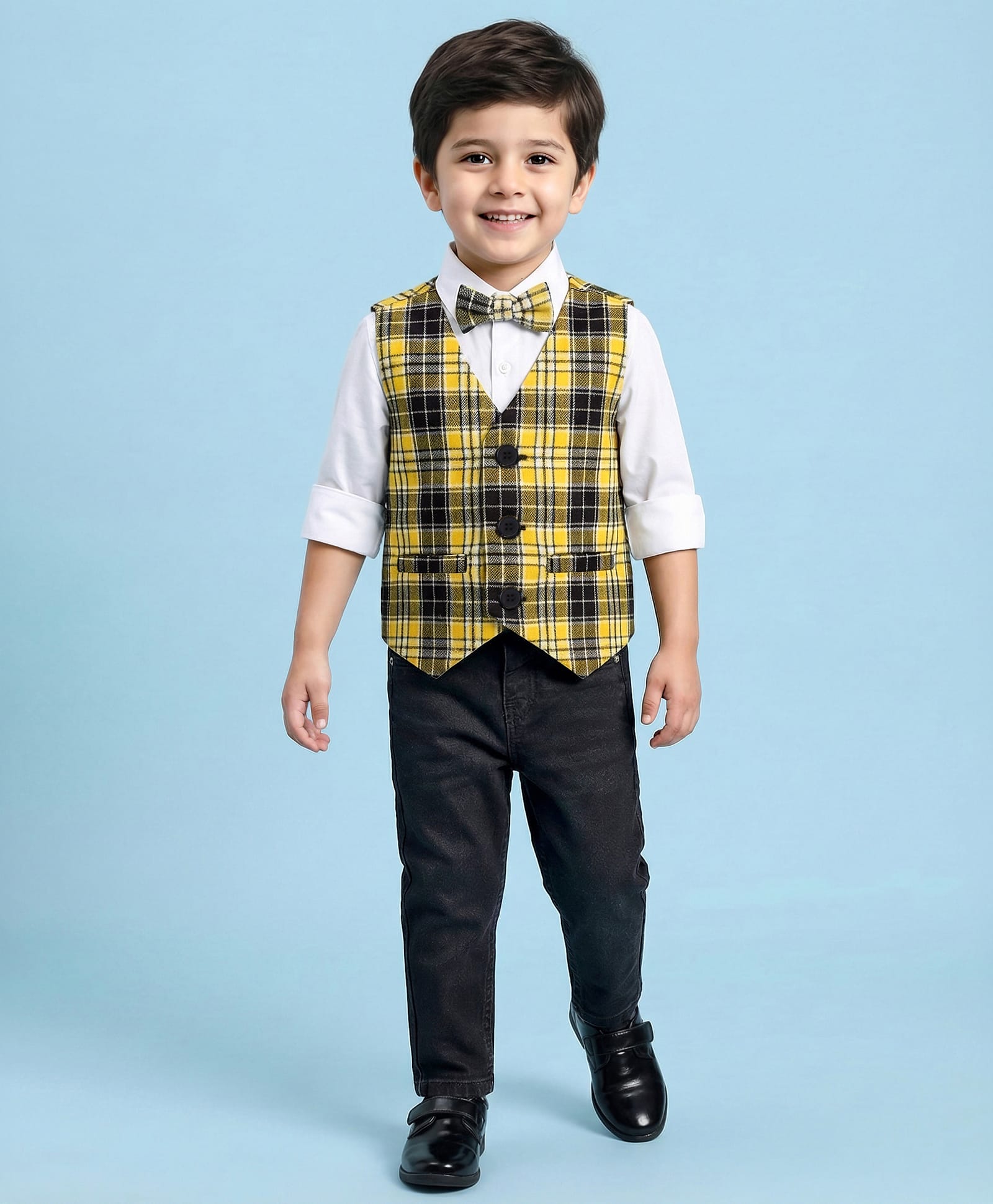 Babyhug Woven Full Sleeves Checkered 3 Piece Party Suit with Bow - Yellow & Black-image-0