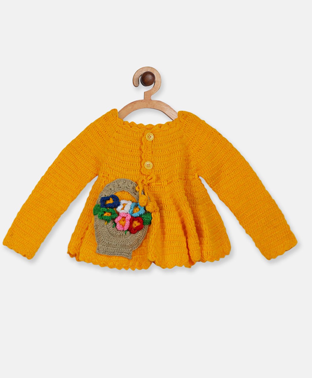 MayRa Knits Hand Knitted Full Sleeves Crochet Floral Basket Embellished Dress - Yellow-image-46